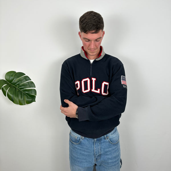 Polo Ralph Lauren Navy Embroidered Spell Out Fleece Quarter Zip (M)