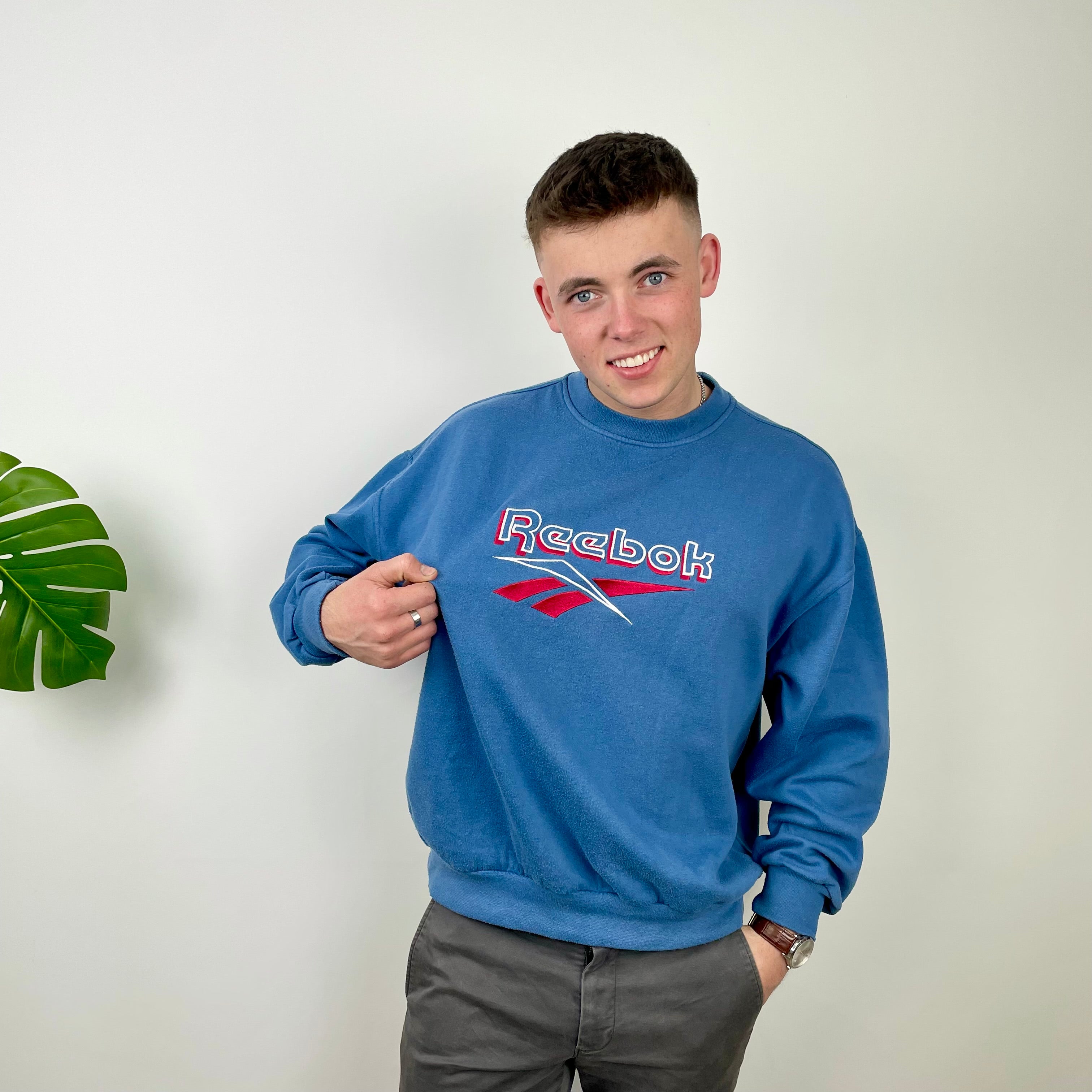 Reebok RARE Blue Embroidered Spell Out Sweatshirt (L)