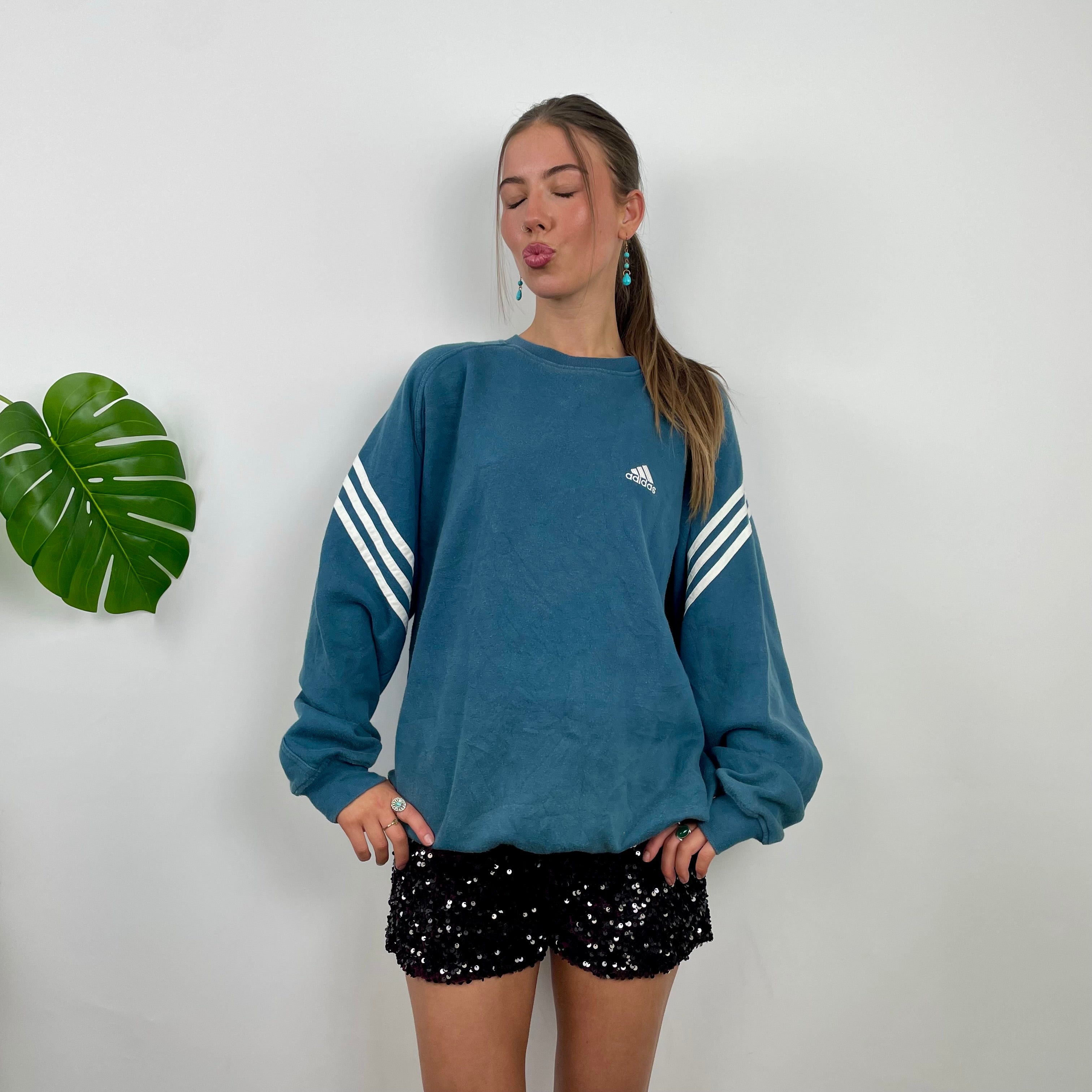 Adidas Blue Embroidered Spell Out Sweatshirt (XL)