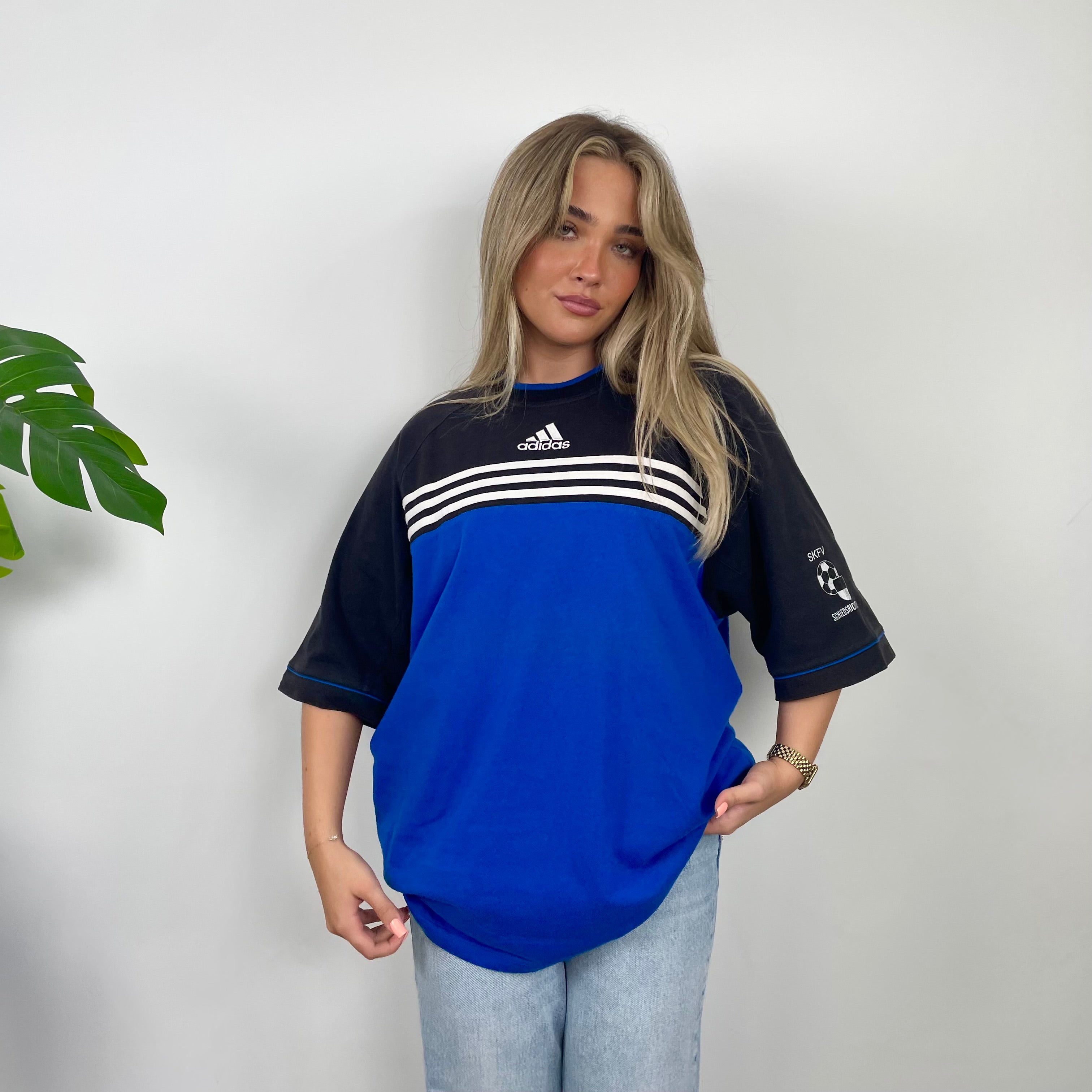 Adidas RARE Black & Blue Embroidered Spell Out T Shirt (XL)
