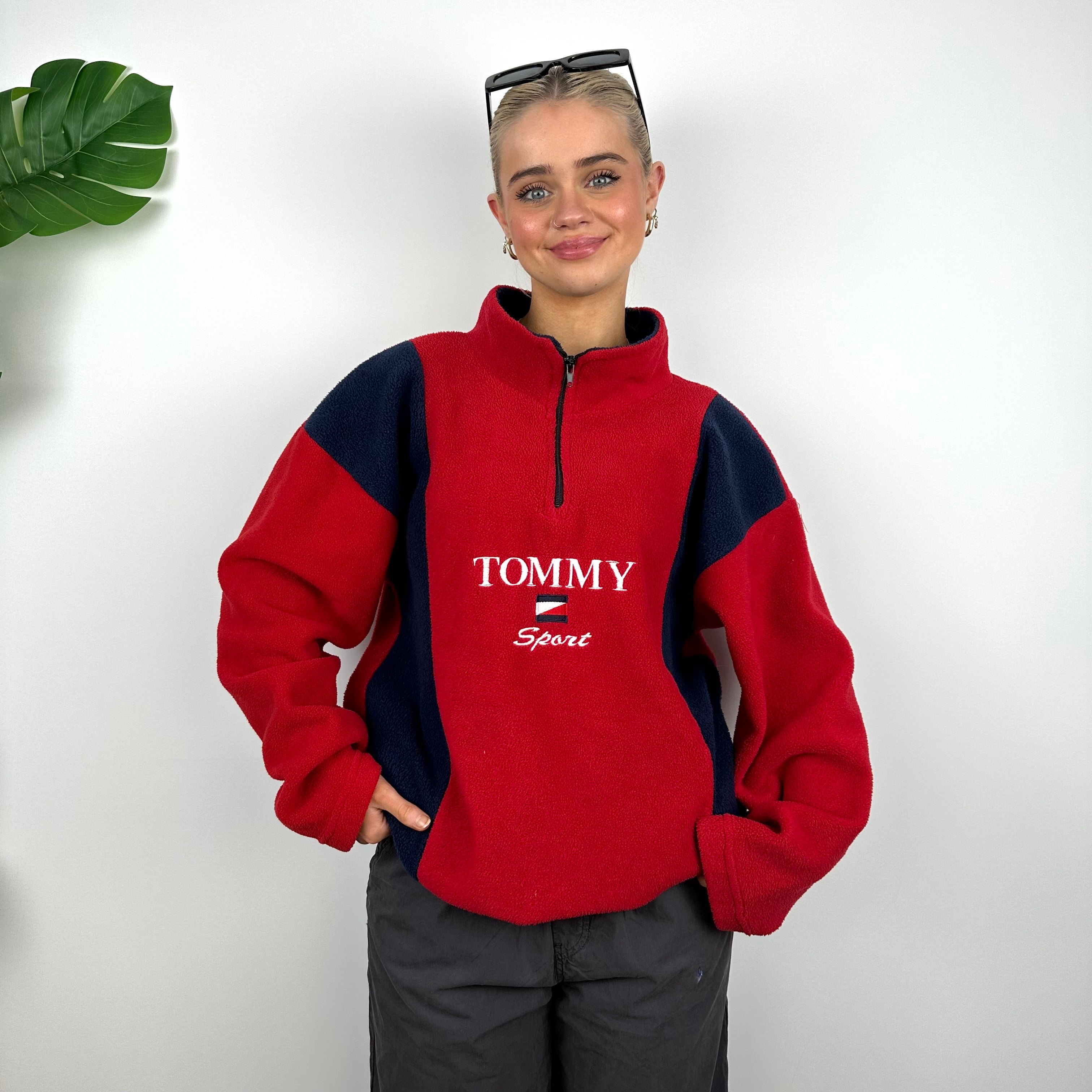 Tommy Hilfiger Red Embroidered Spell Out Teddy Bear Fleece Quarter Zip Sweatshirt (M)