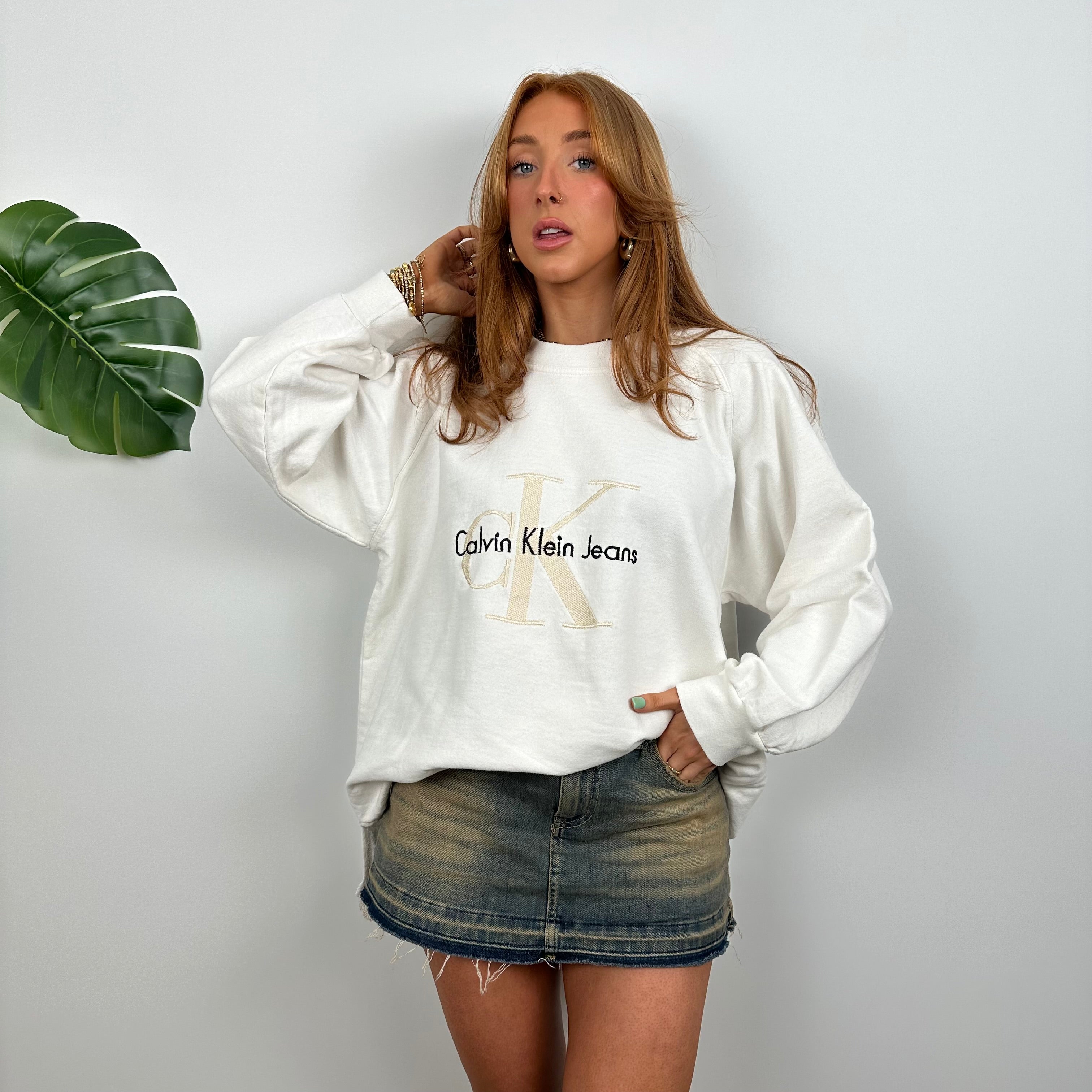 Calvin Klein RARE Cream Embroidered Spell Out Sweatshirt (M)