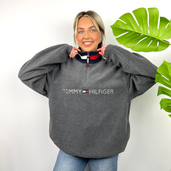 Tommy Hilfiger Grey Embroidered Spell Out Teddy Bear Fleece Quarter Zip Sweatshirt (XL)