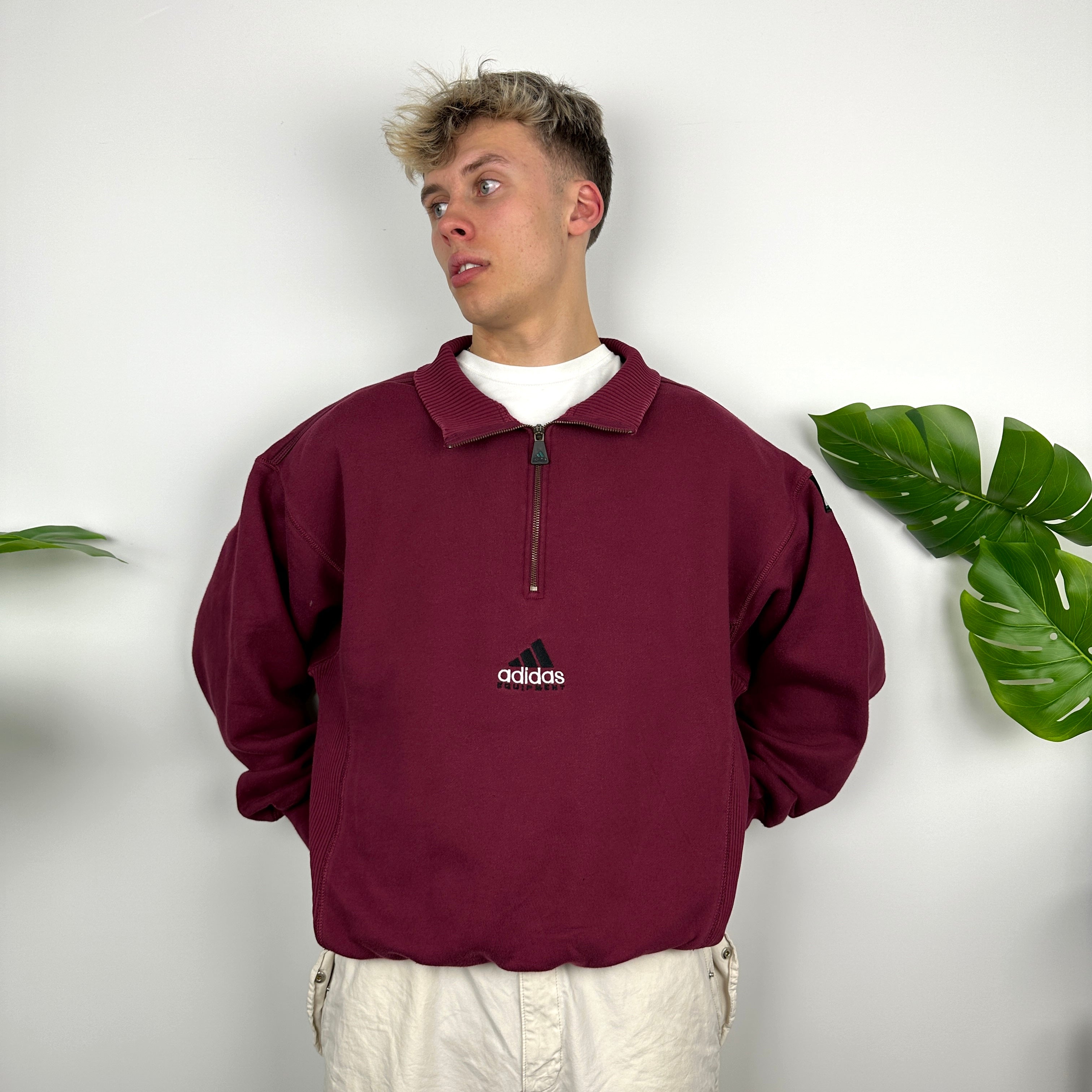 Adidas Equipment RARE Maroon Embroidered Spell Out Quarter Zip Sweatshirt (L)