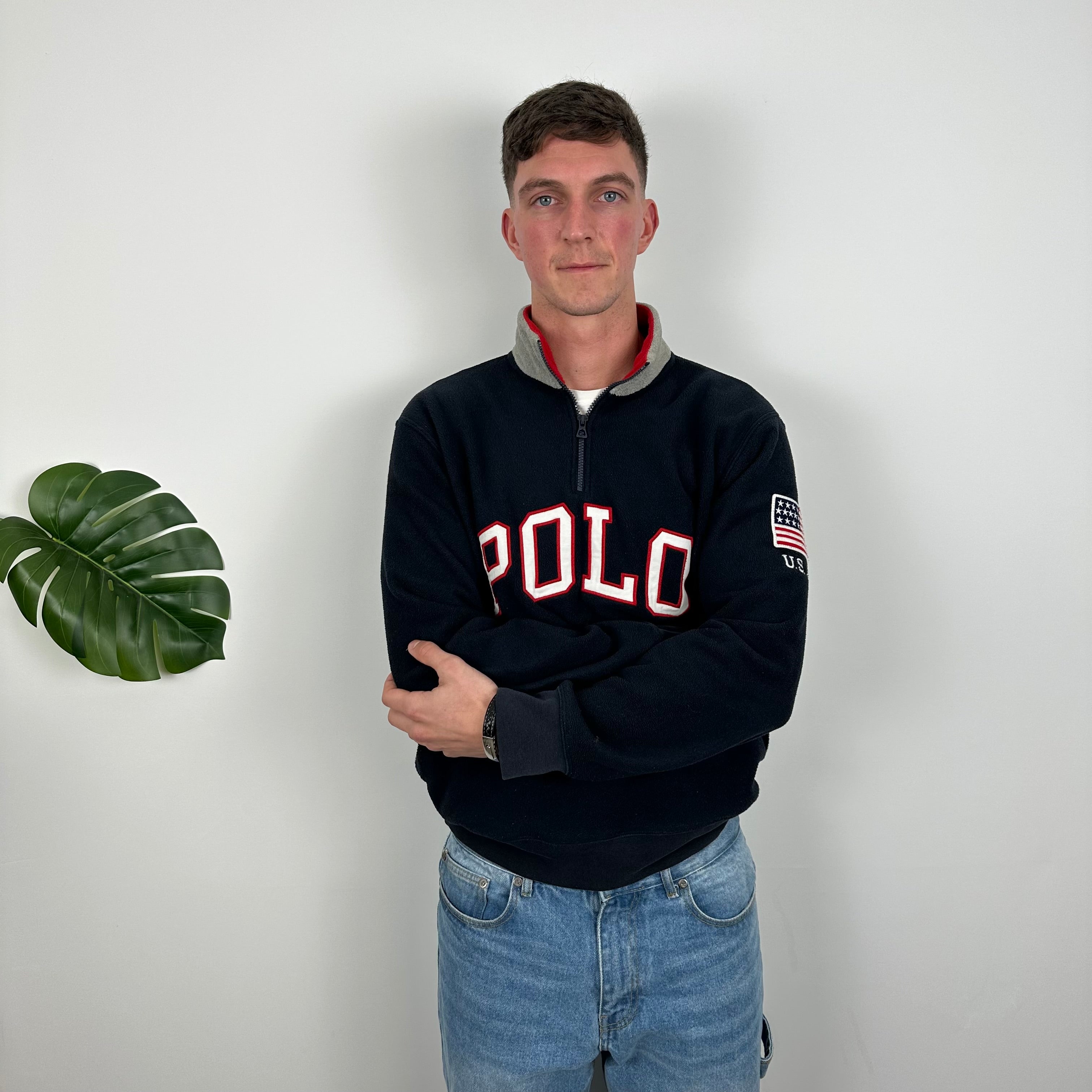Polo Ralph Lauren Navy Embroidered Spell Out Fleece Quarter Zip (M)