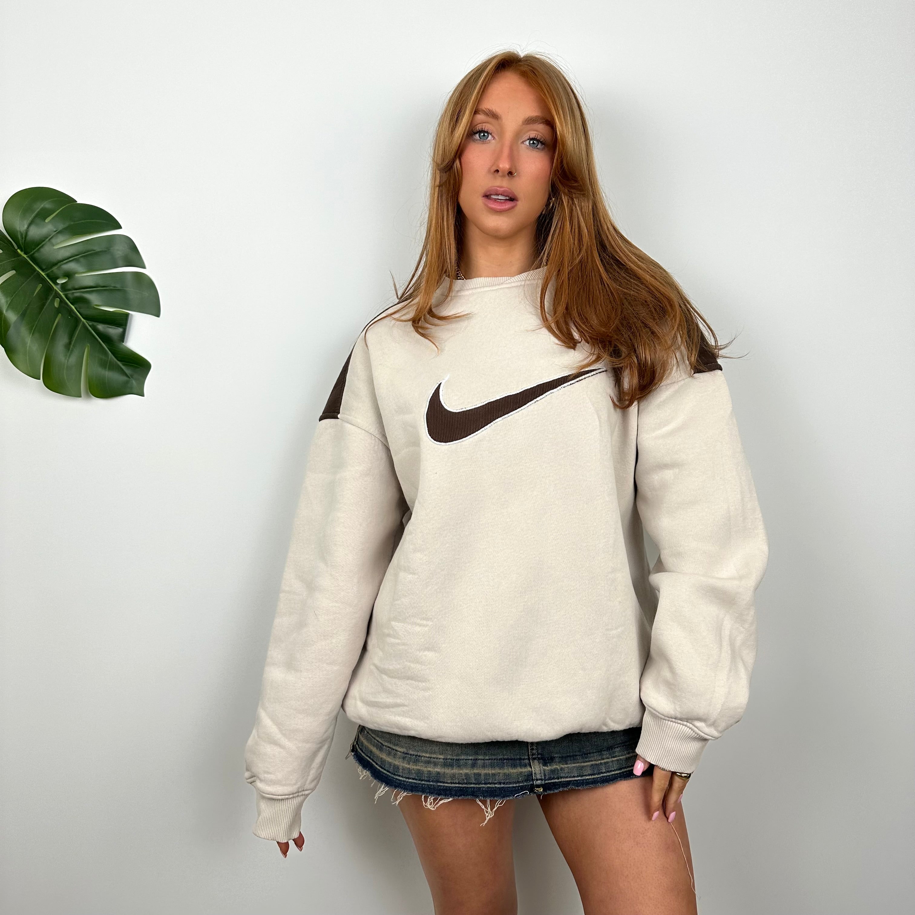 Nike Cream and Brown Embroidered Swoosh Sweatshirt (M)