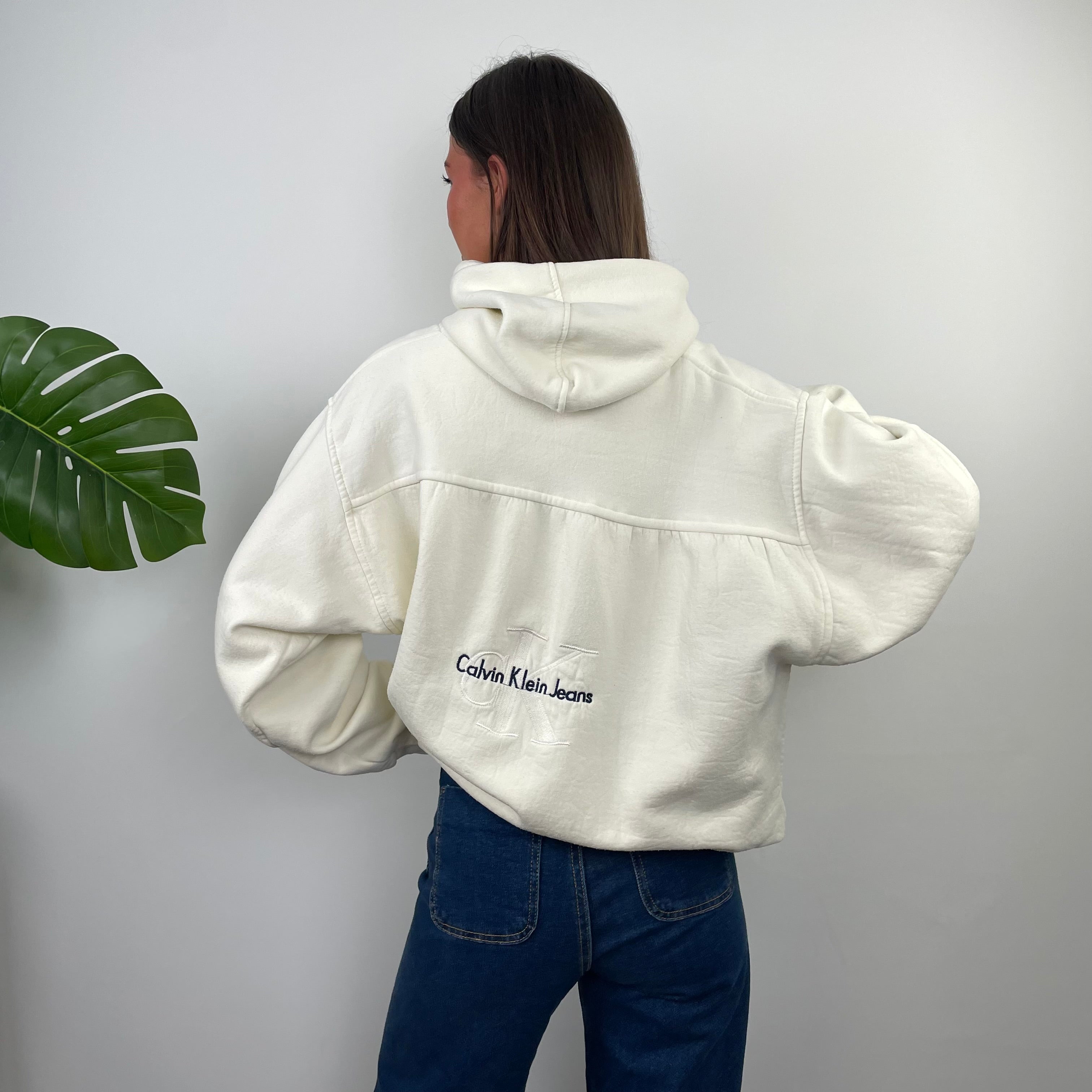 Calvin Klein Buttermilk Lemon Embroidered Spell Out Zip Up Hoodie (L)