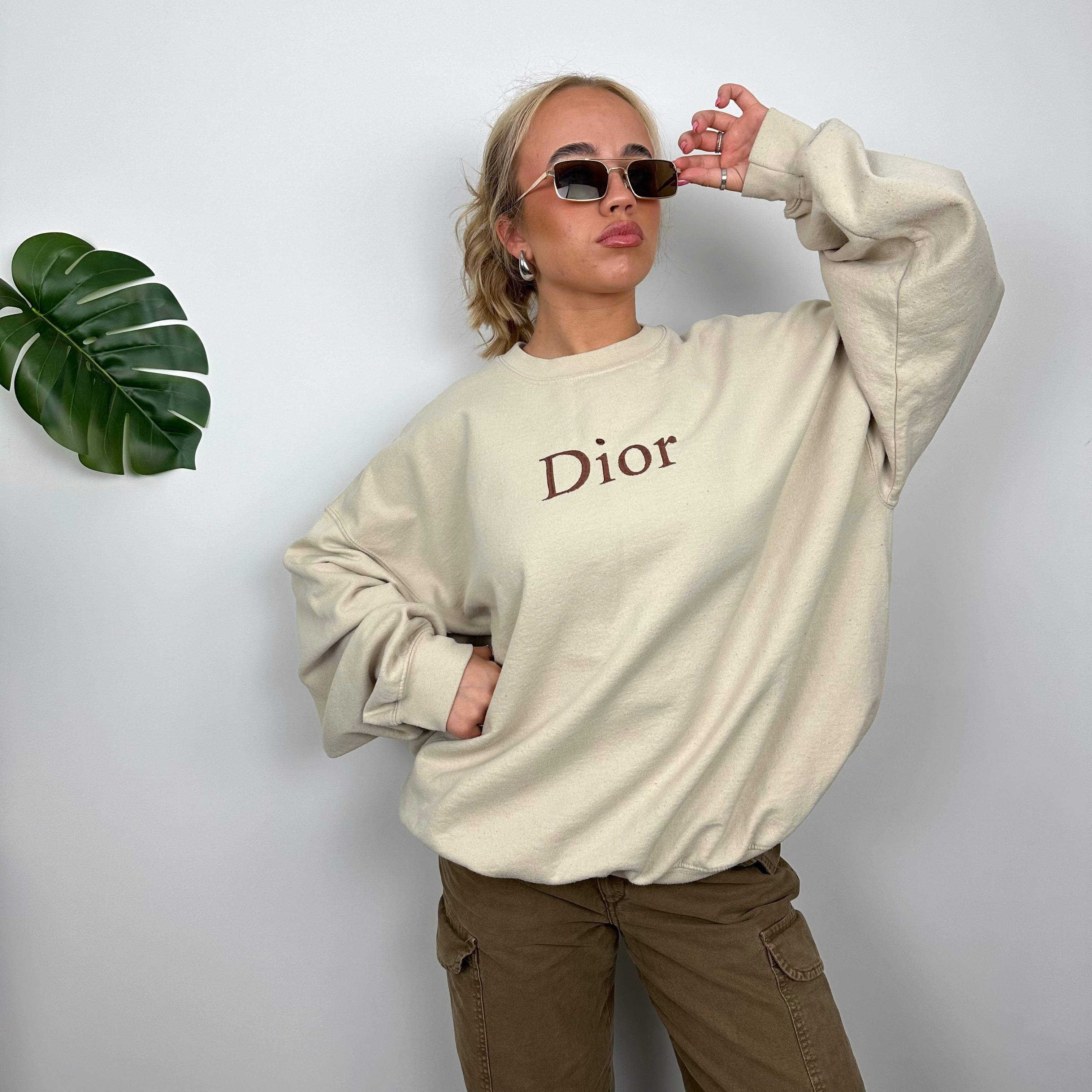 Christian Dior Bootleg Cream Embroidered Spell Out Sweatshirt (L)