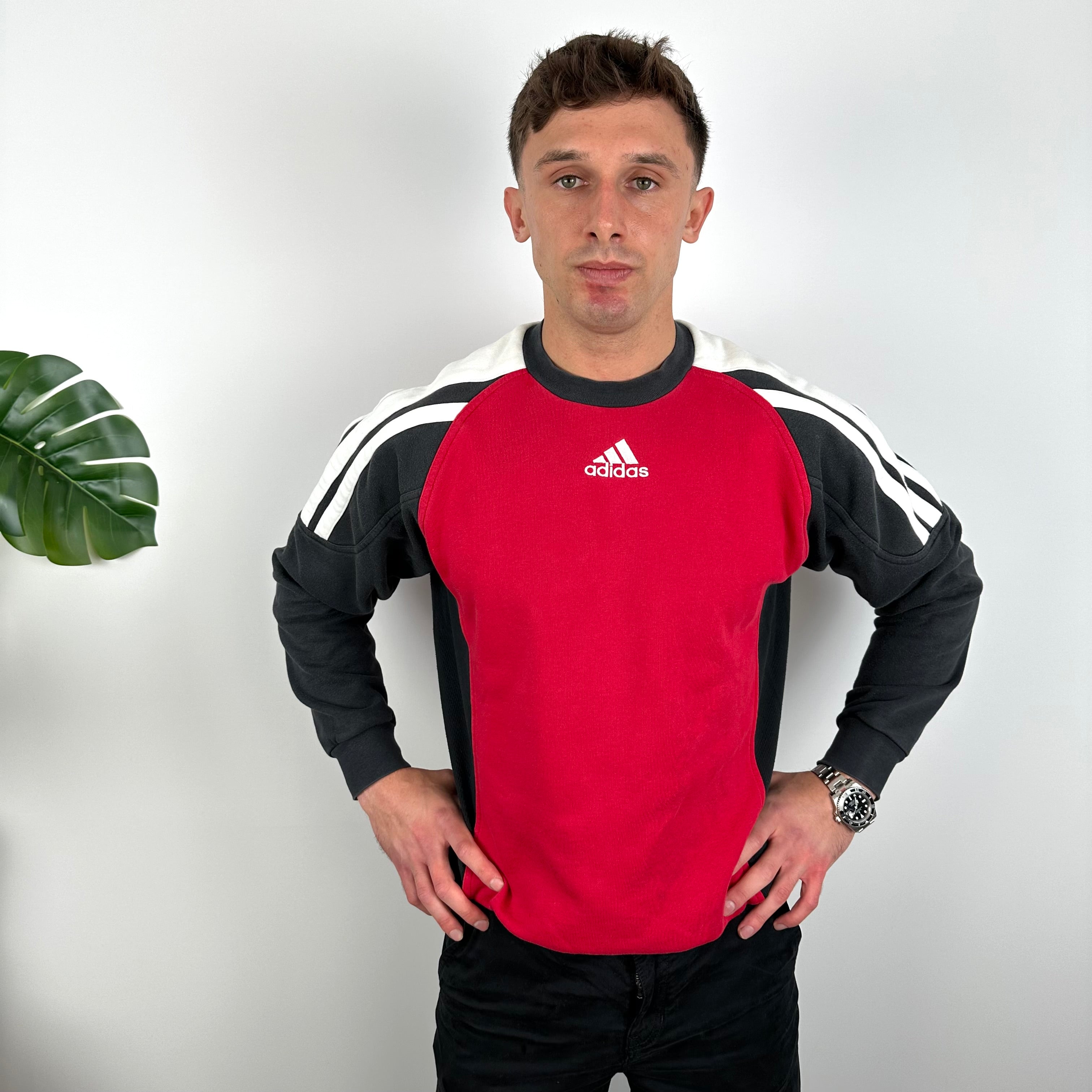 Adidas Red & Black Embroidered Spell Out Colour Block Sweatshirt (L)