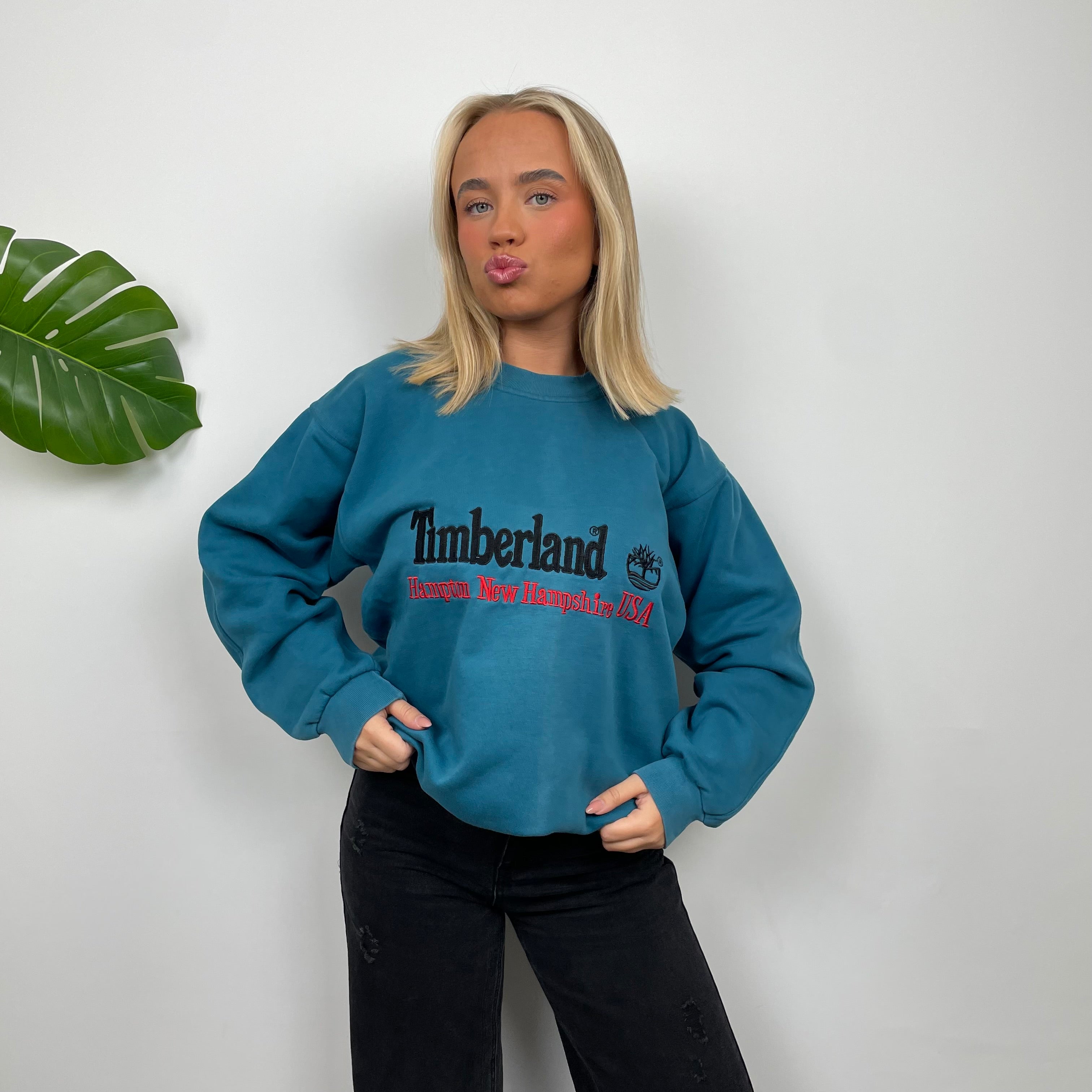 Timberland RARE Turquoise Blue Embroidered Spell Out Sweatshirt (L)