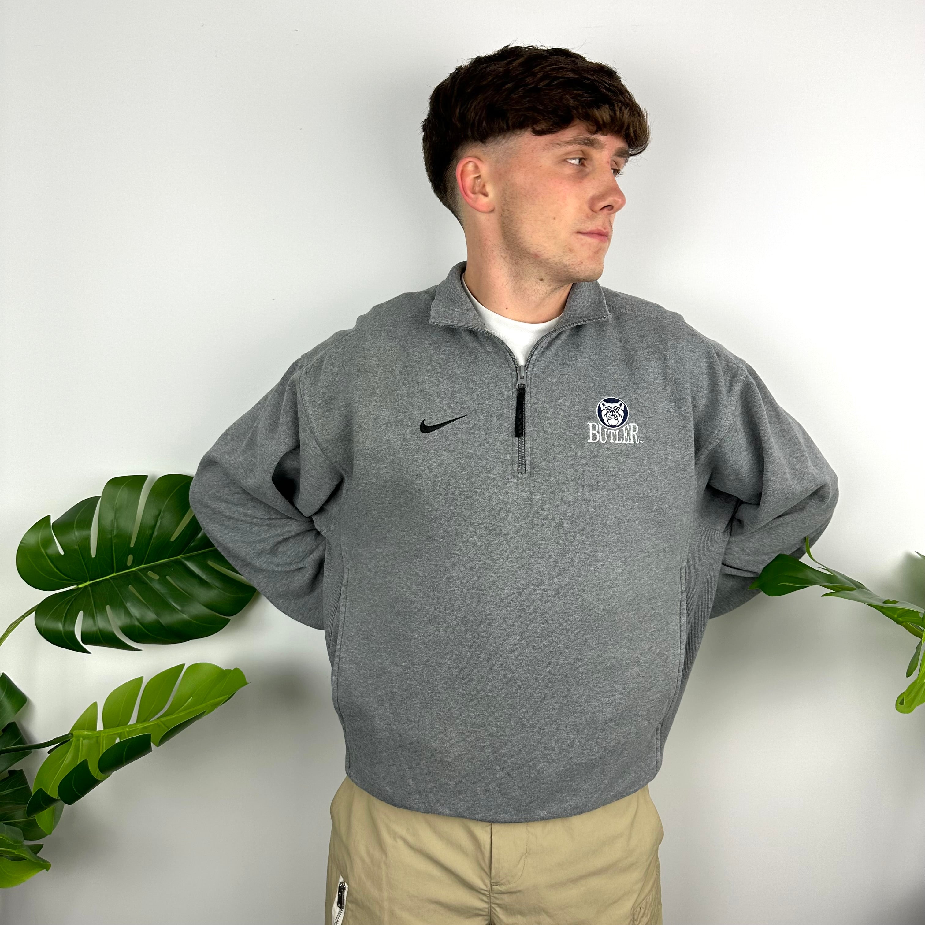 Nike X Butler University Bulldogs Grey Embroidered Spell Out Quarter Zip Sweatshirt (M)