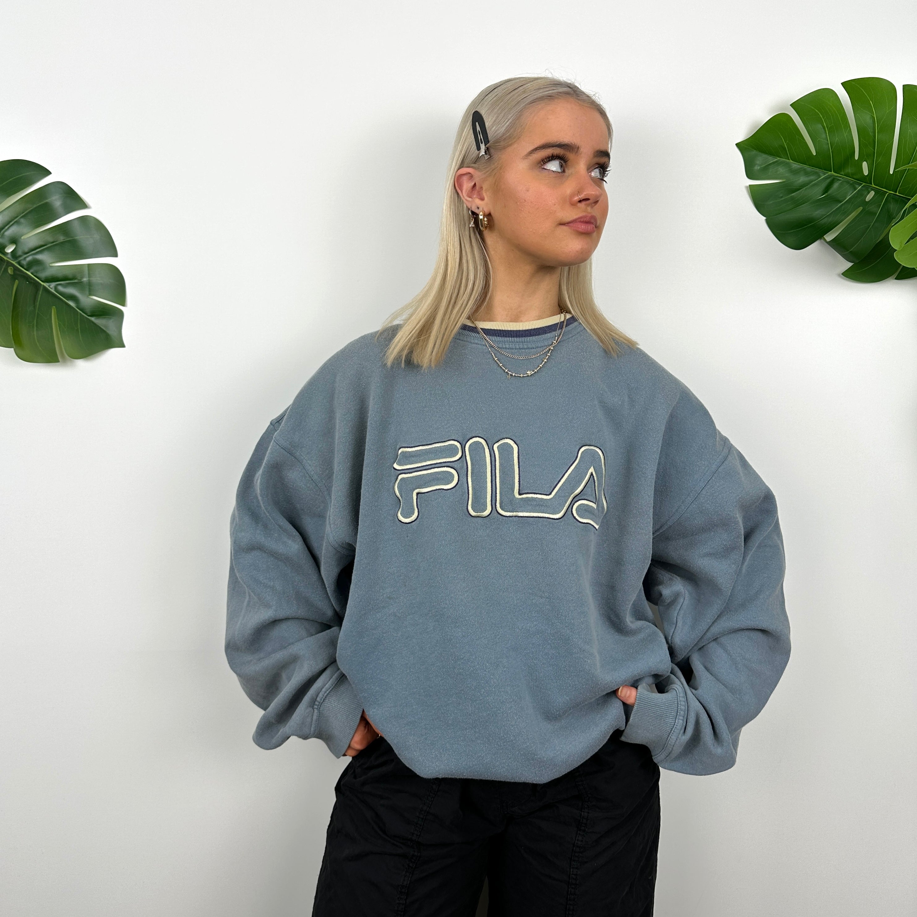 FILA Baby Blue Embroidered Spell Out Sweatshirt (XXL)