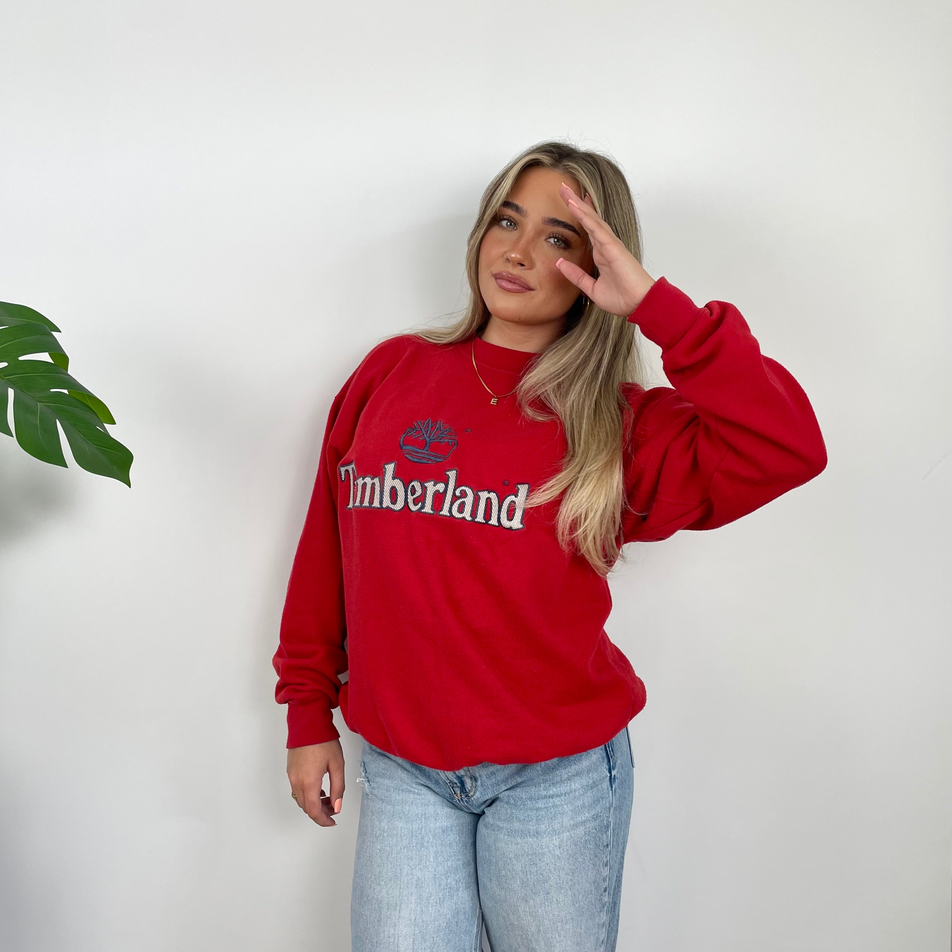 Timberland Red Embroidered Spell Out Sweatshirt (M)