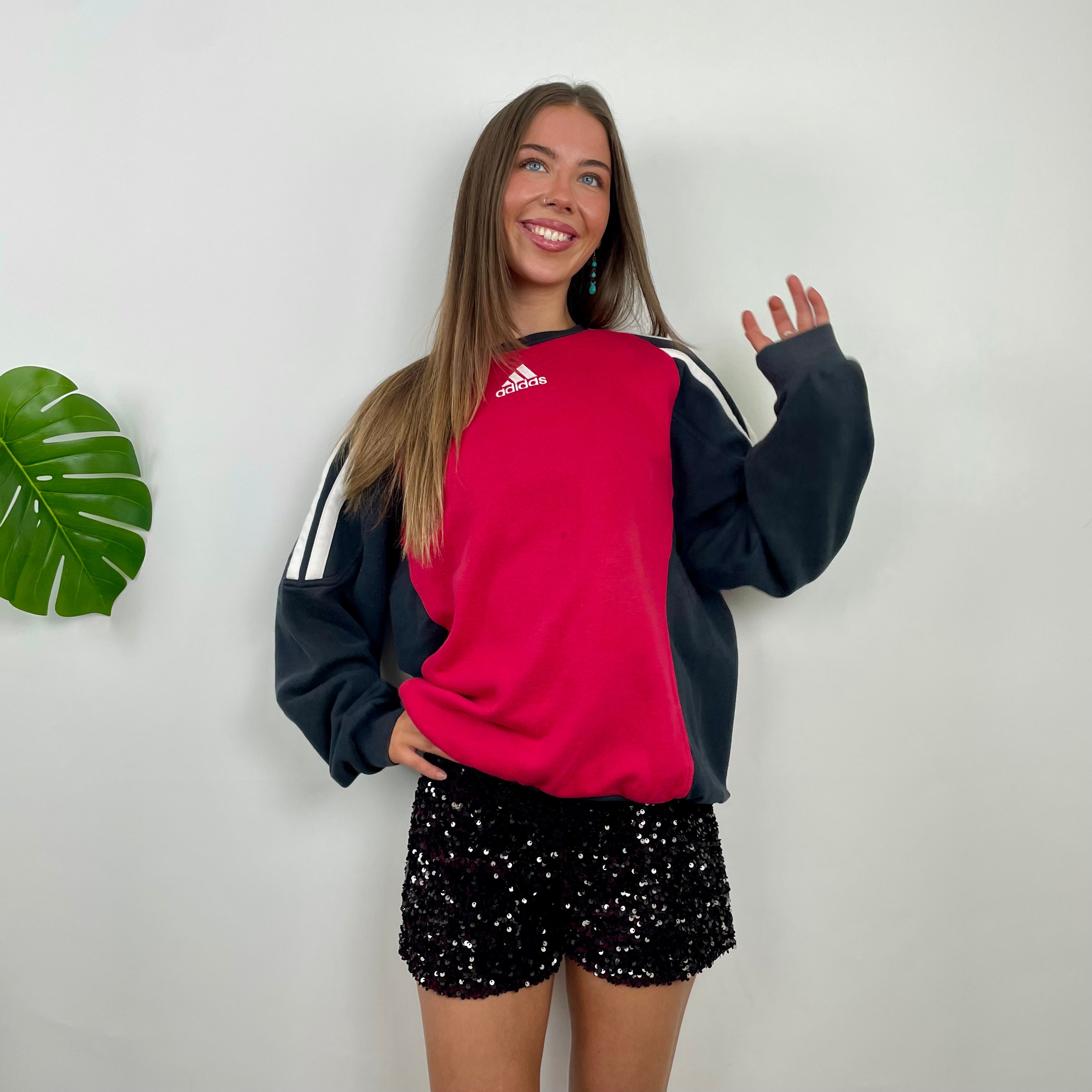 Adidas Red & Black Embroidered Spell Out Colour Block Sweatshirt (L)