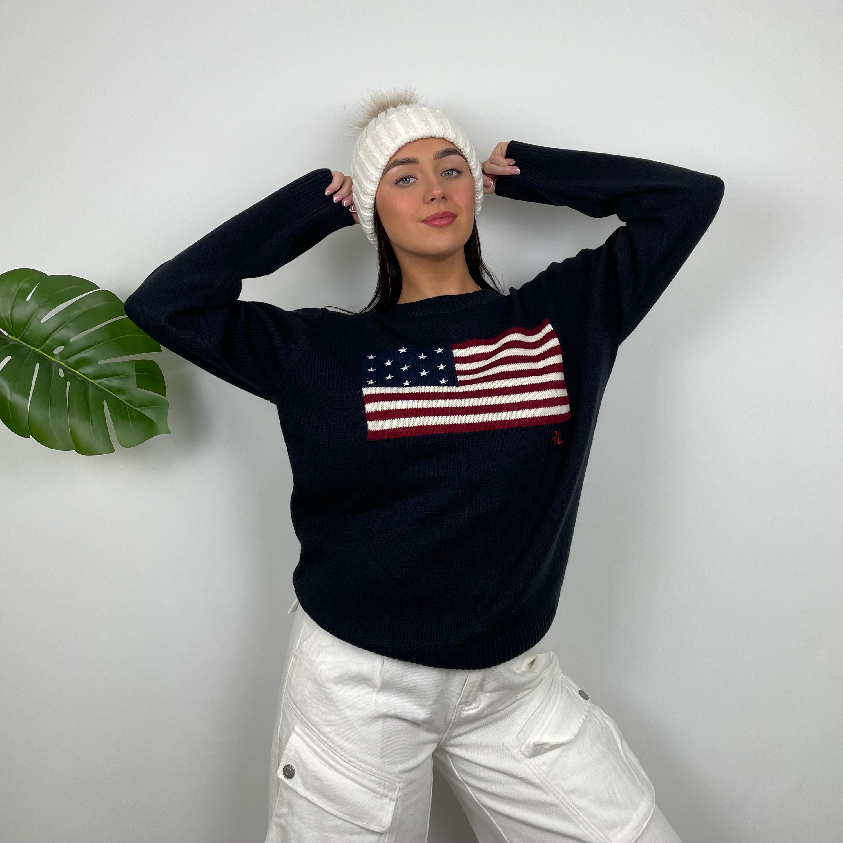 Polo Ralph Lauren Navy Embroidered Spell Out Knitted Sweater (M)