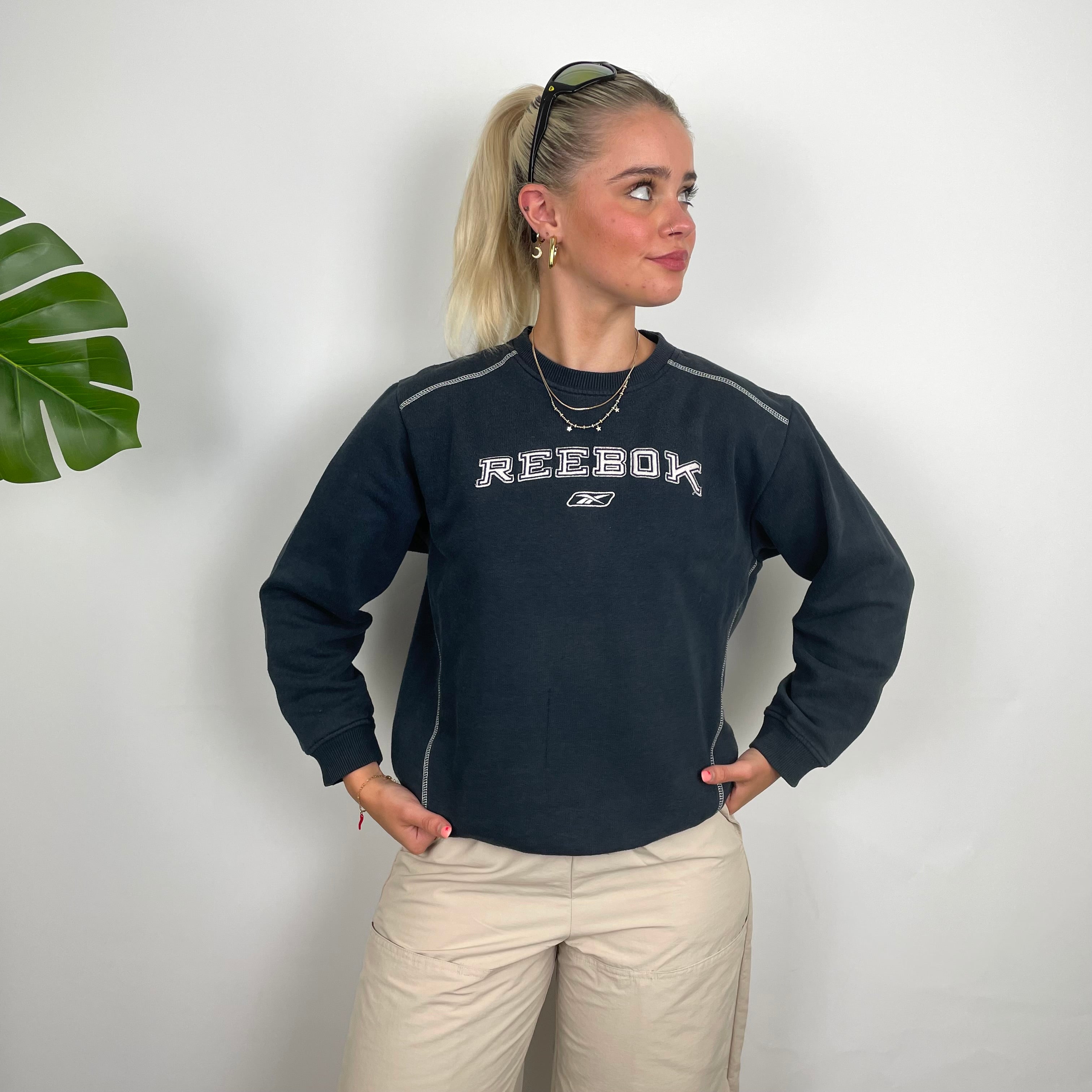 Reebok Navy Embroidered Spell Out Sweatshirt (S)