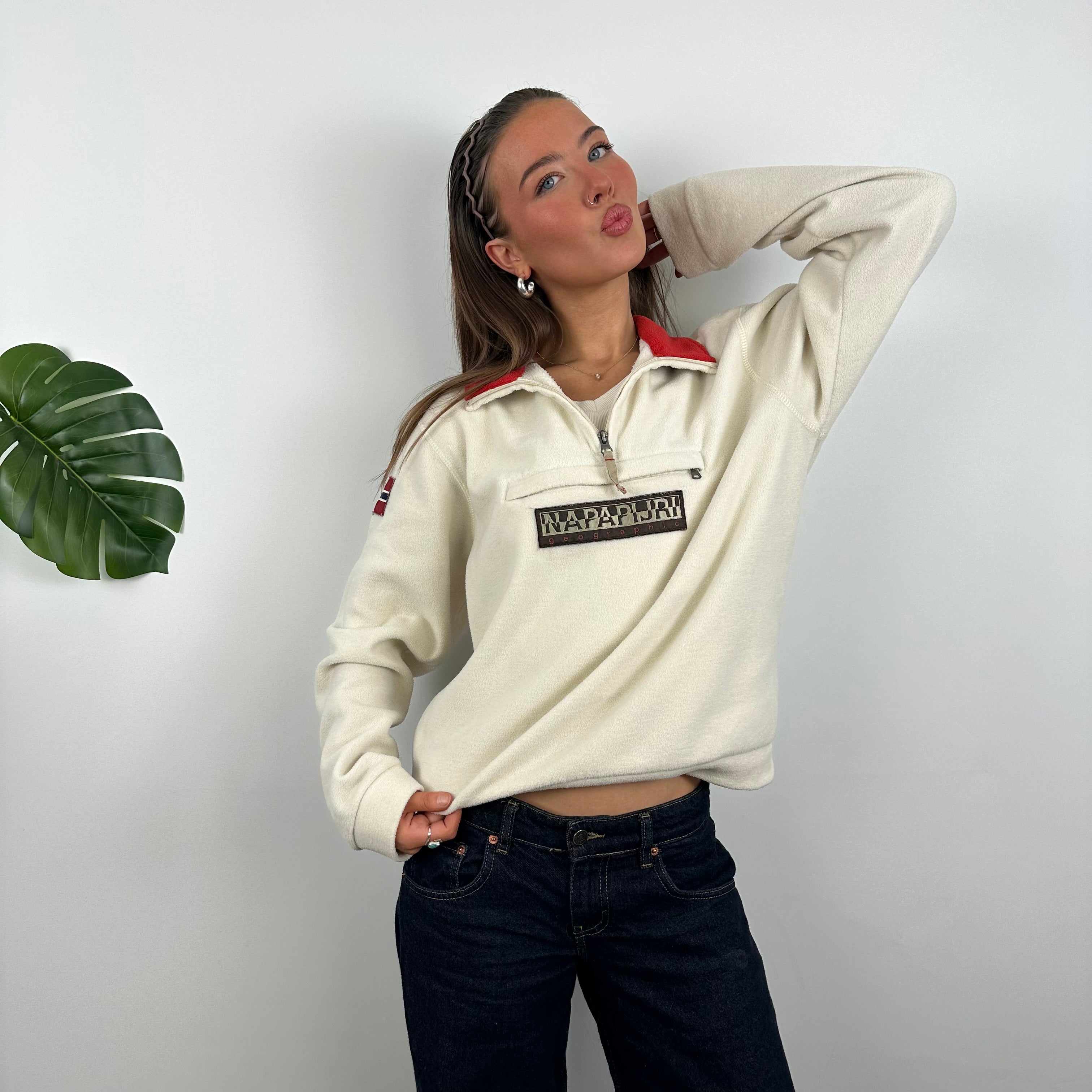Napapijri Cream Embroidered Spell Out Teddy Bear Fleece Quarter Zip (M)