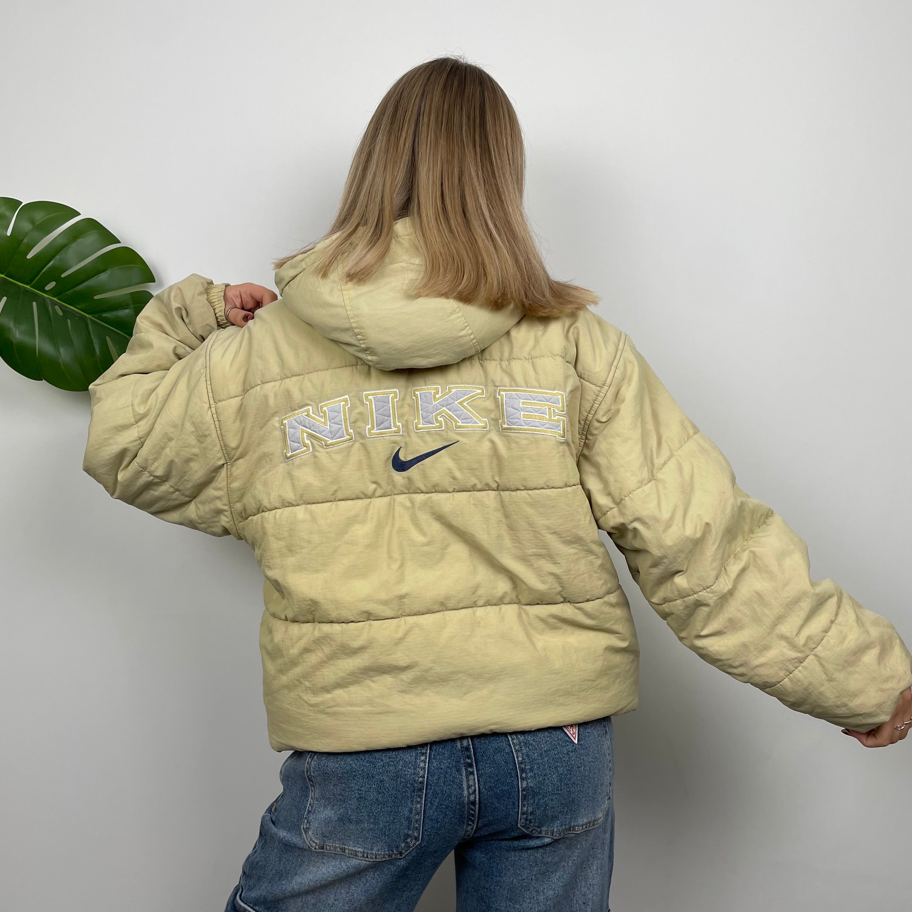 Nike RARE Yellow Embroidered Spell Out Puffer Jacket (L)