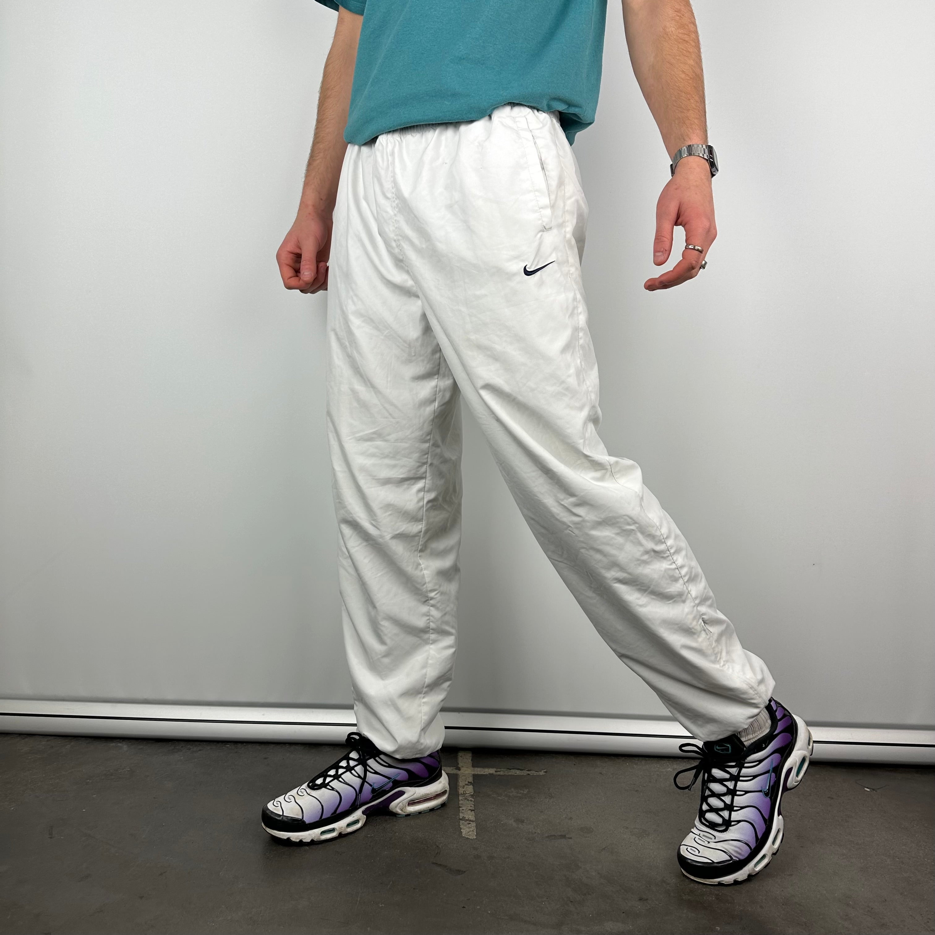Nike White Embroidered Swoosh Track Pants (L)