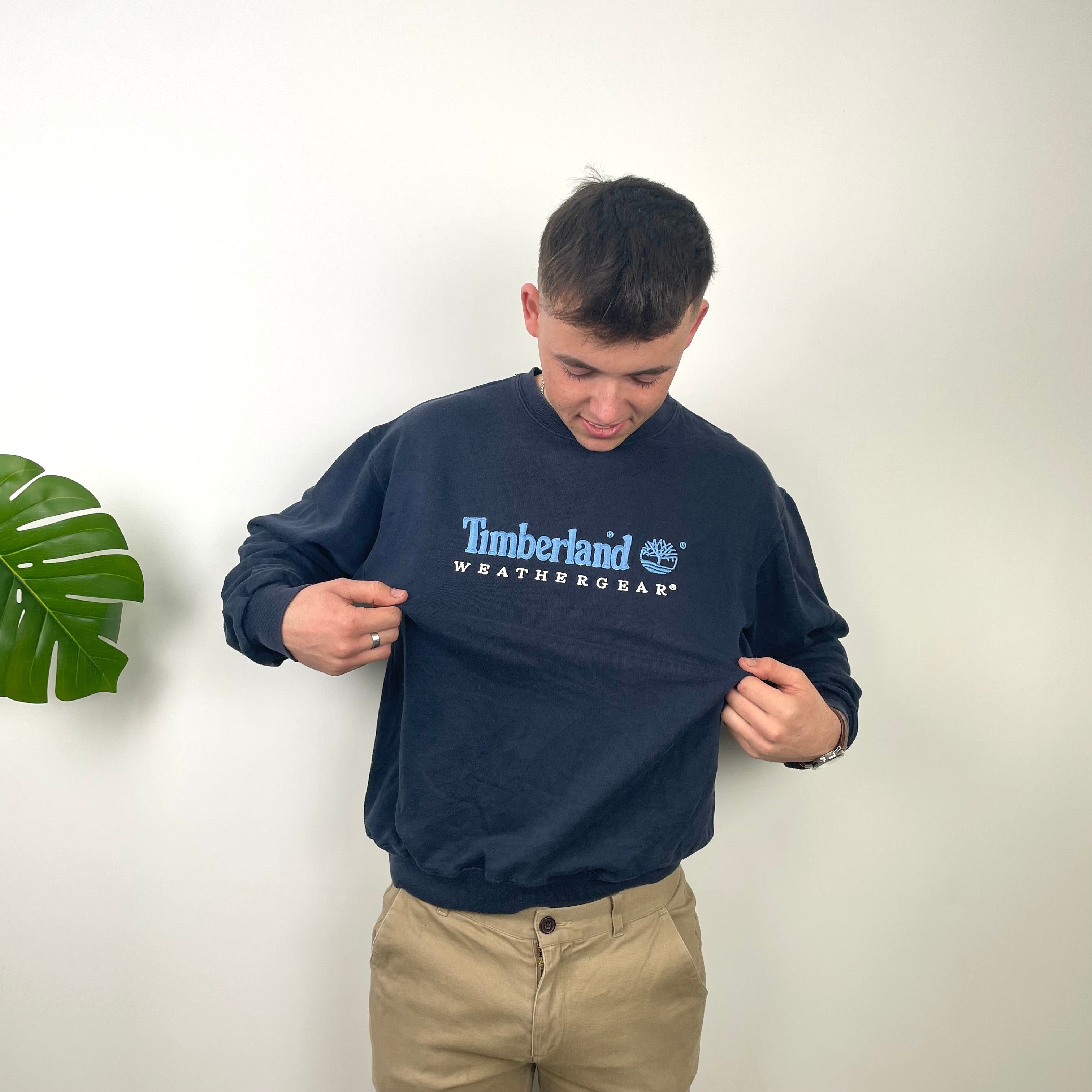 Timberland RARE Blue Embroidered Spell Out Sweatshirt (M)