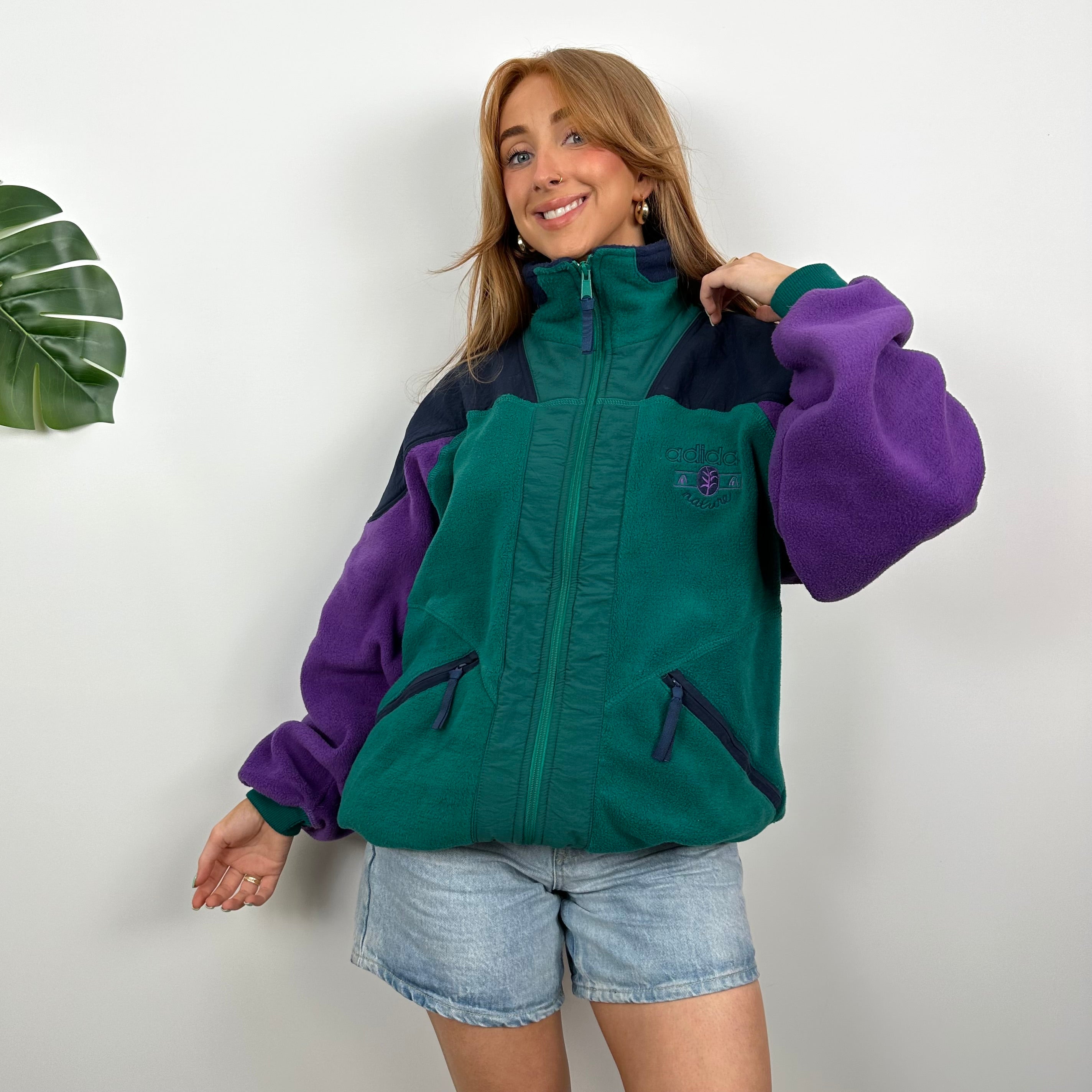 Adidas Purple and Green Teddy Bear Fleece Zip Up Jacket (L)