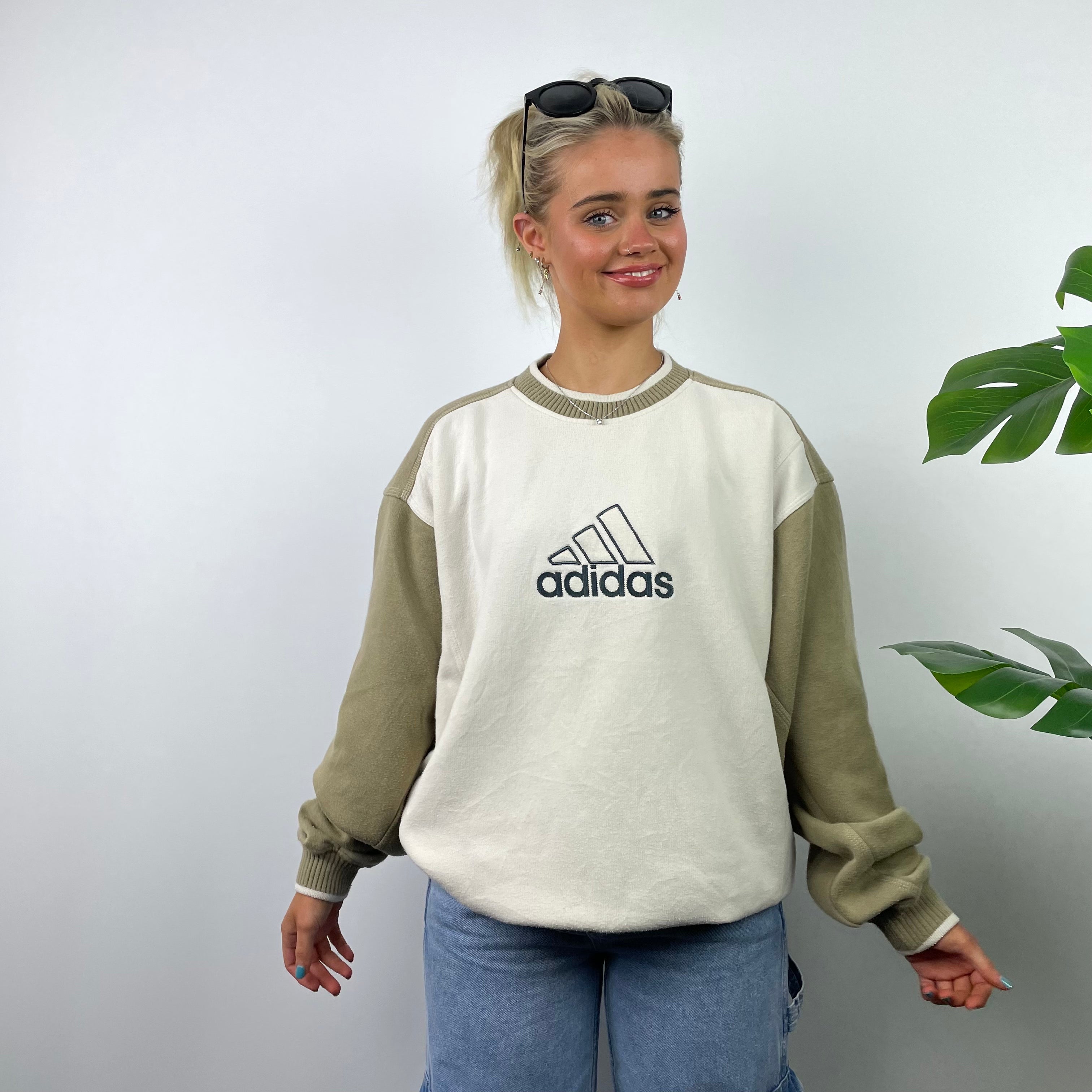 Adidas RARE Cream and Tan Brown Embroidered Spell Out Sweatshirt (M)