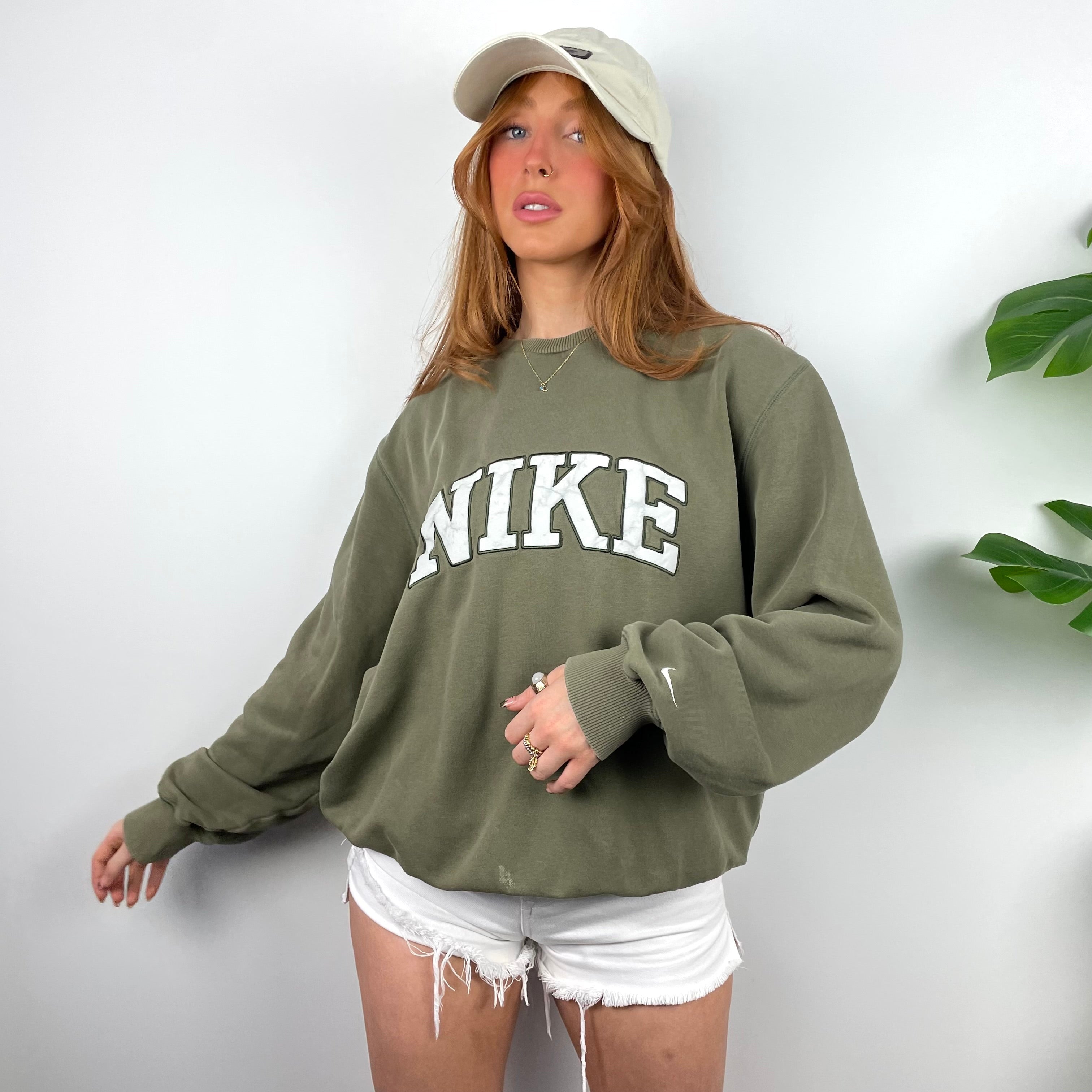 Nike Khaki Green Embroidered Spell Out Sweatshirt (M)