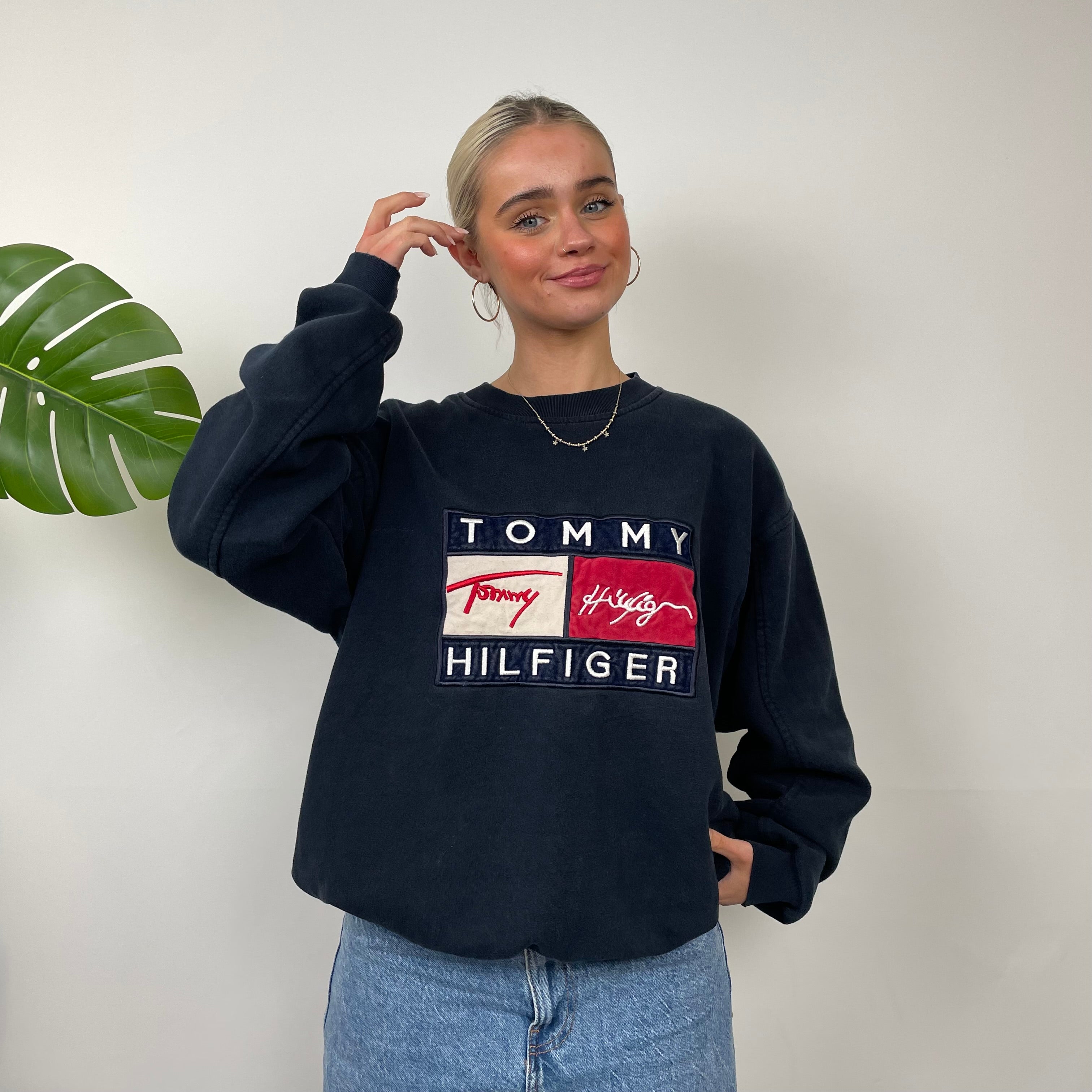 Tommy Hilfiger RARE Navy Embroidered Spell Out Sweatshirt (M)