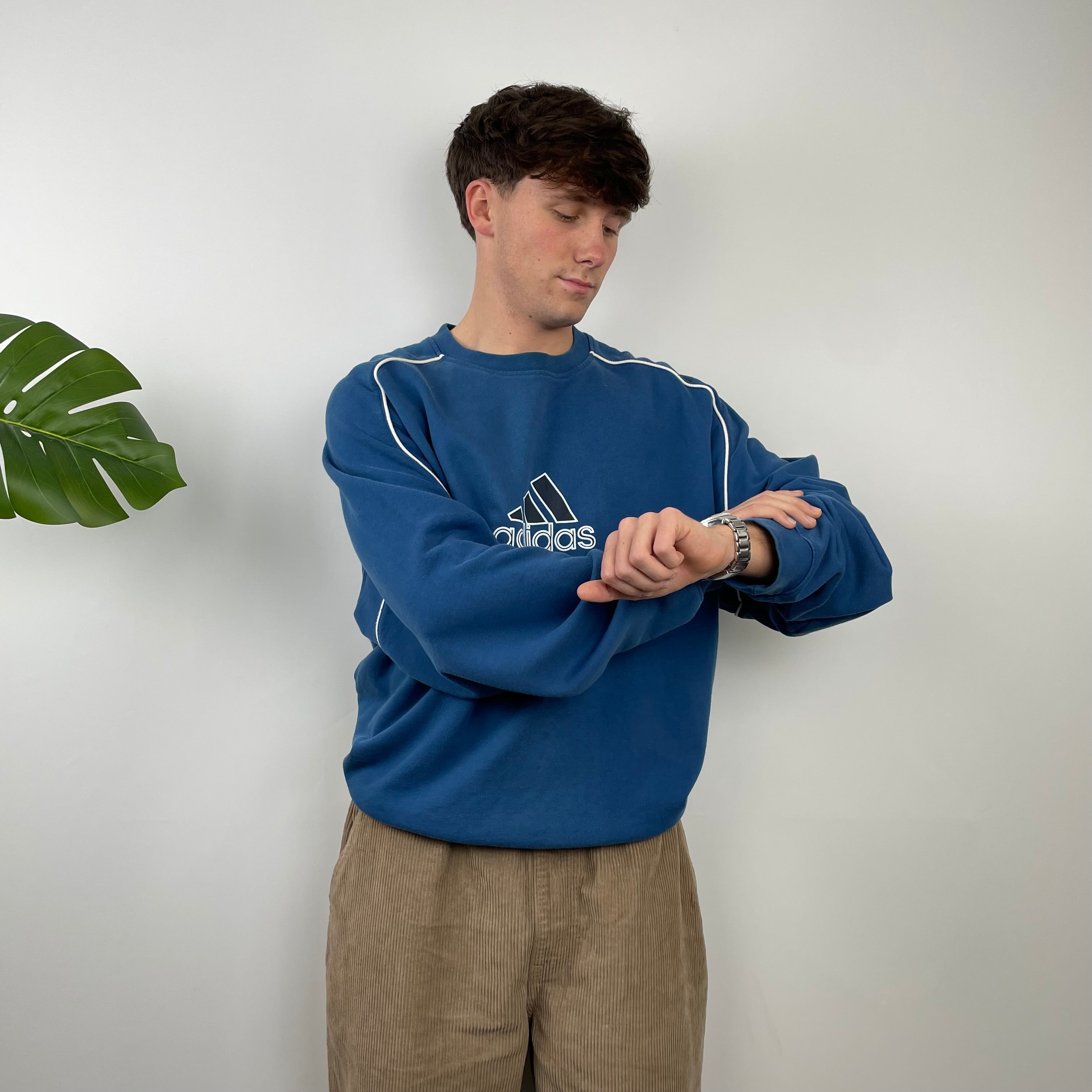 Adidas Blue Embroidered Spell Out Sweatshirt (XL)