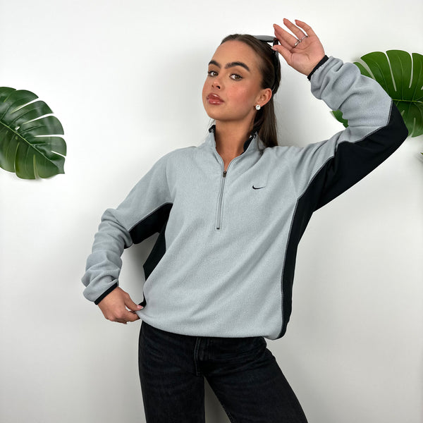 Nike Grey Embroidered Swoosh Teddy Bear Fleece Quarter Zip Sweatshirt (L)