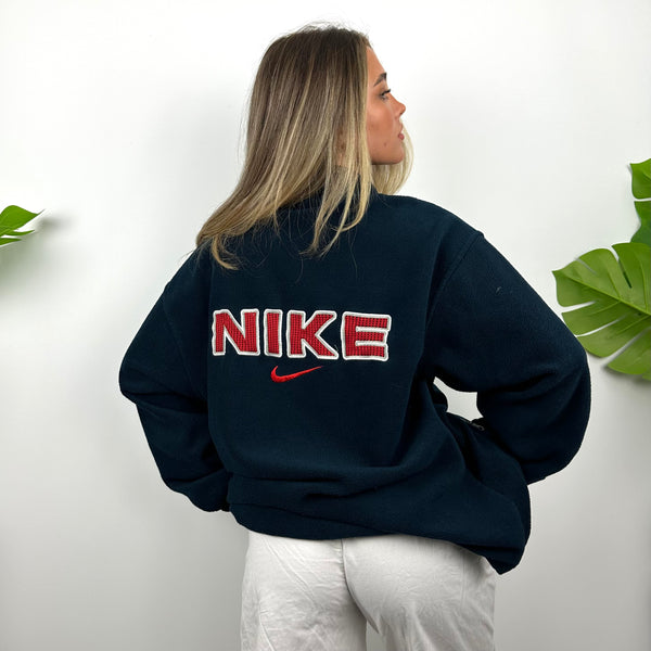 Nike Navy Embroidered Spell Out Teddy Bear Fleece Quarter Zip Sweatshirt (L)