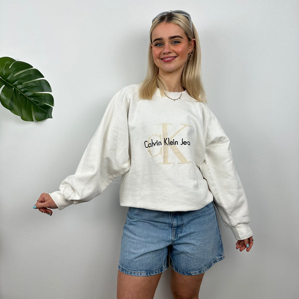 Calvin Klein RARE White Embroidered Spell Out Sweatshirt (M)