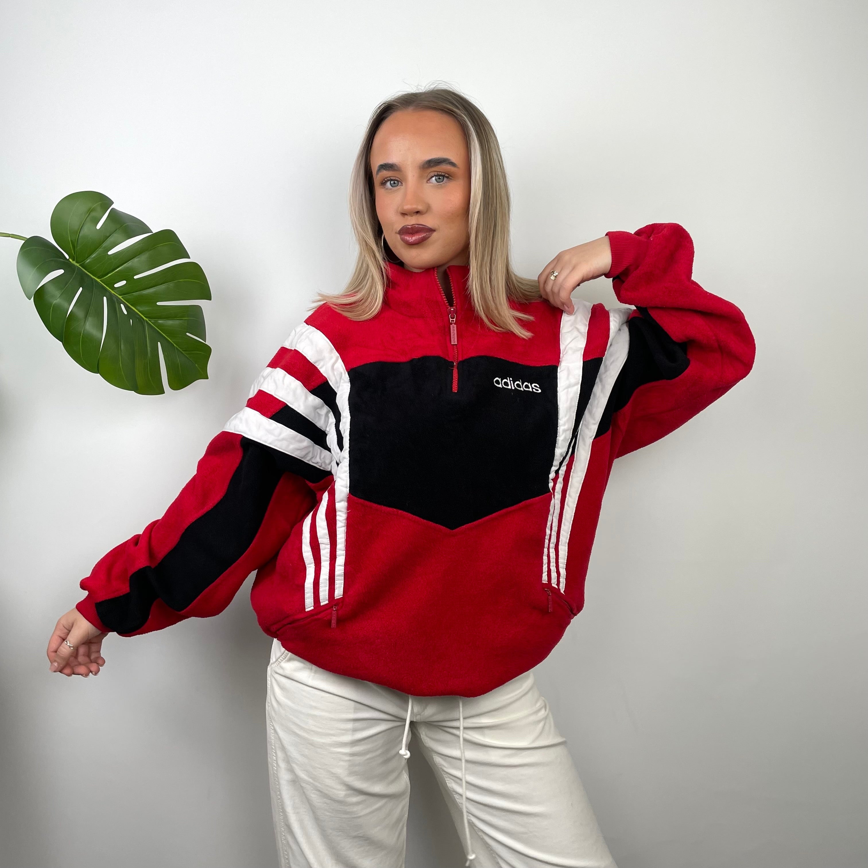 Adidas Red Colour Block Embroidered Spell Out Teddy Bear Fleece Quarter Zip Sweatshirt (L)