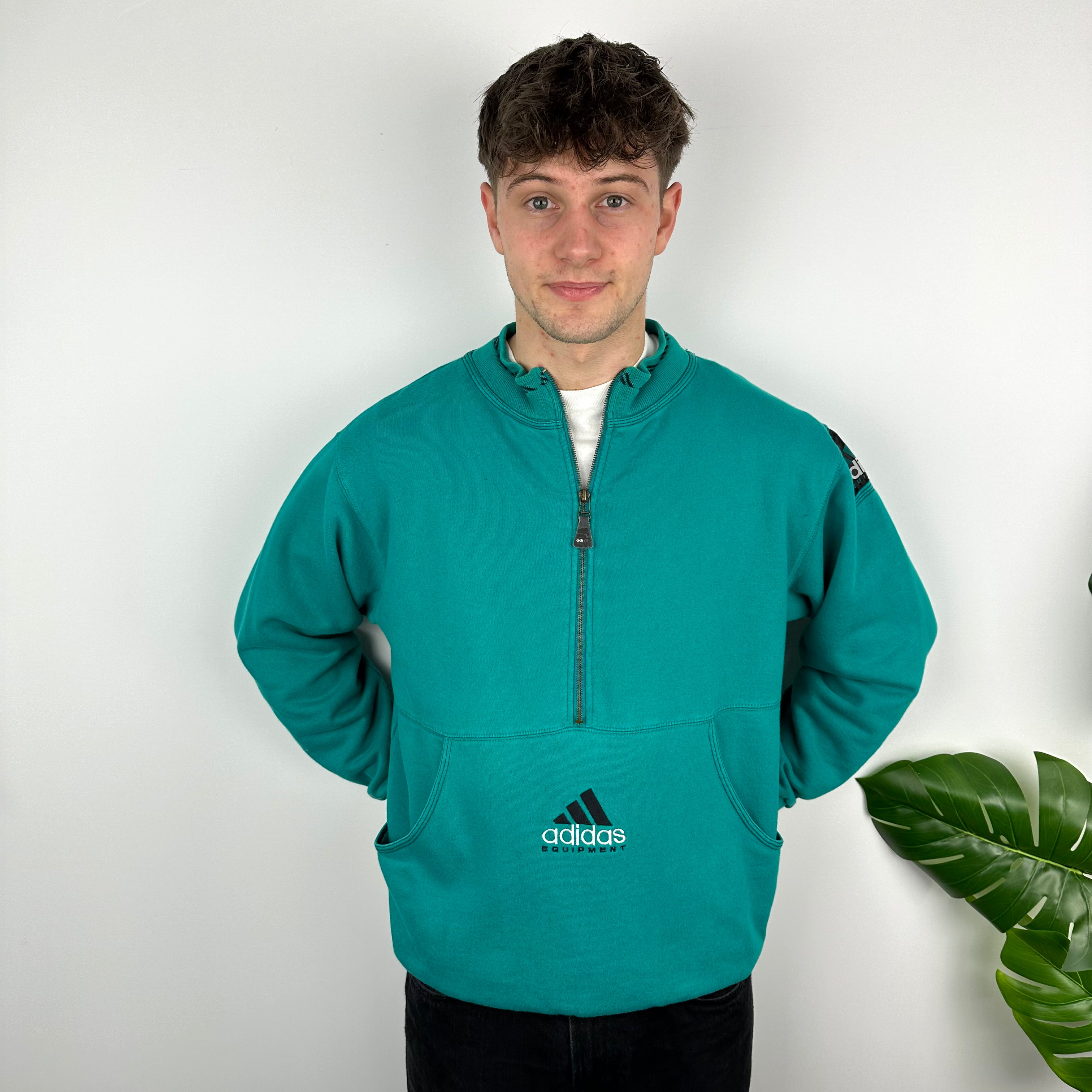 Adidas Equipment Turquoise Green Embroidered Spell Out Quarter Zip Sweatshirt (L)