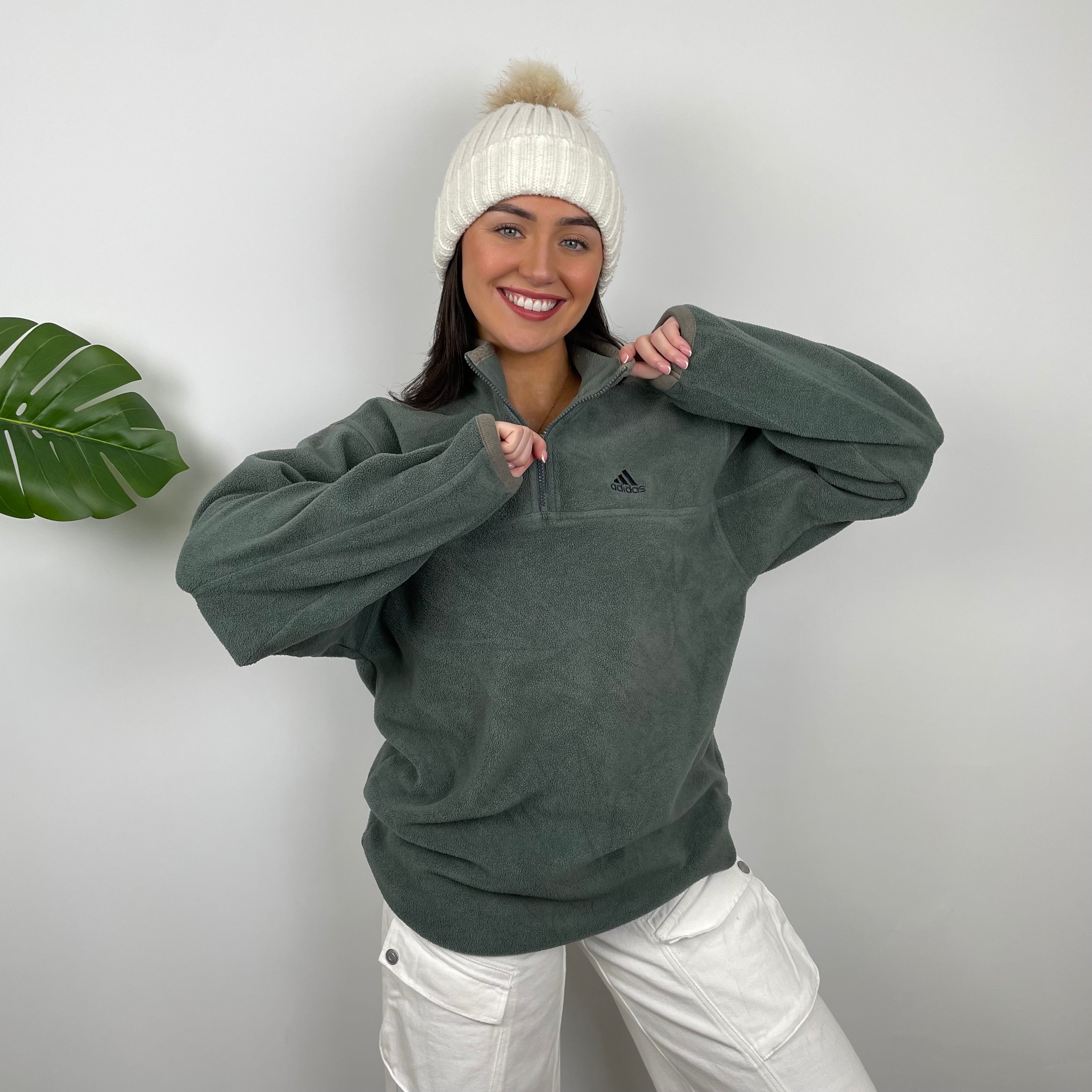 Adidas Green Embroidered Spell Out Fleece Quarter Zip Sweatshirt (XL)