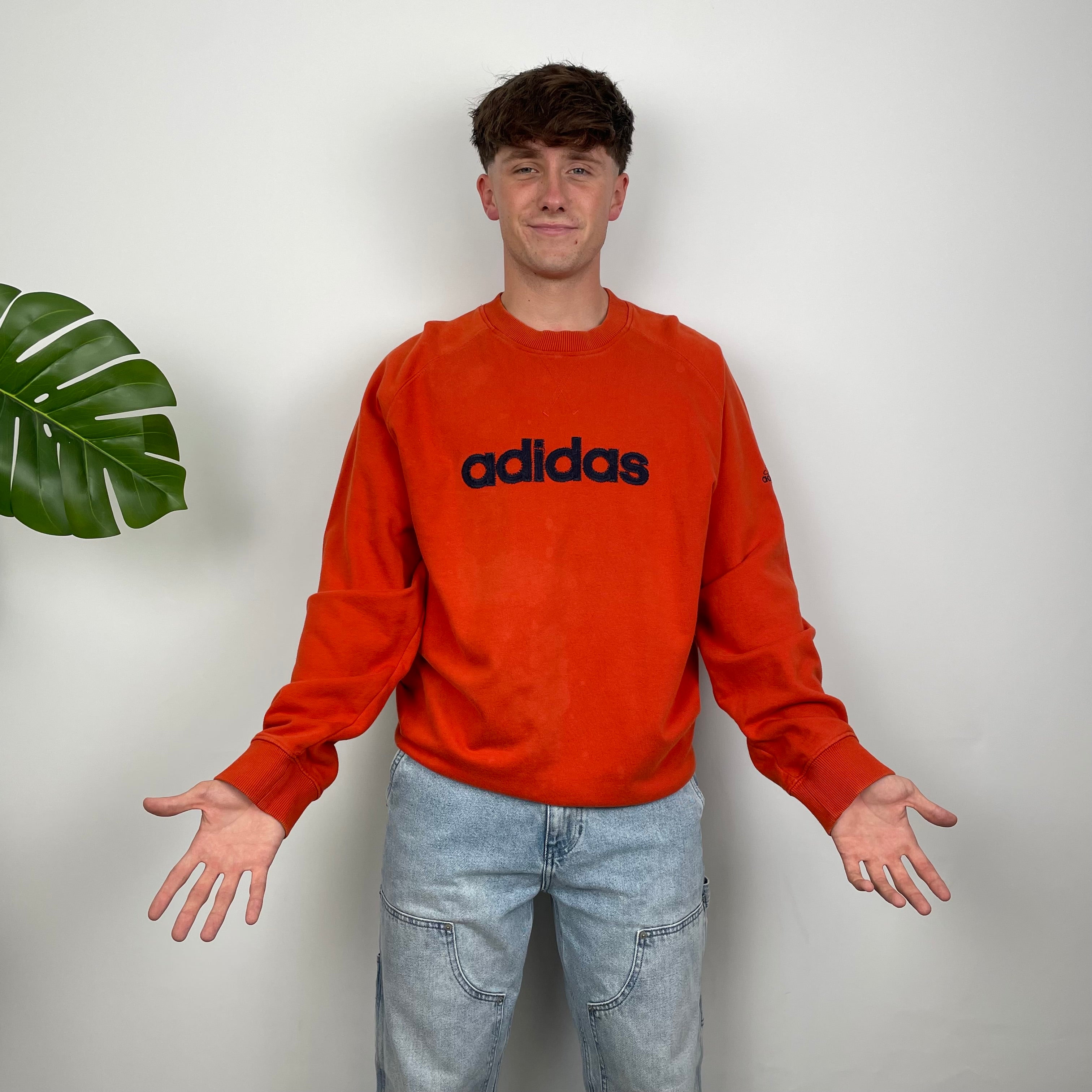 Adidas Orange Embroidered Spell Out Sweatshirt (XL)