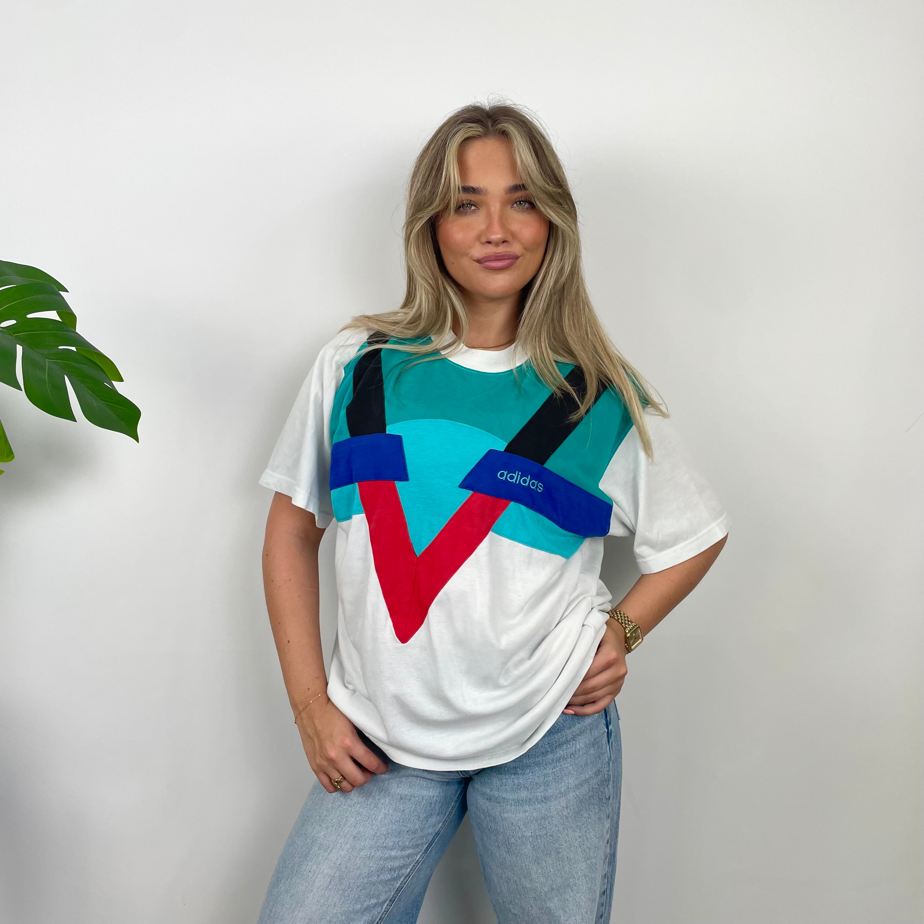 Adidas Colour Block Embroidered Spell Out T Shirt (M)