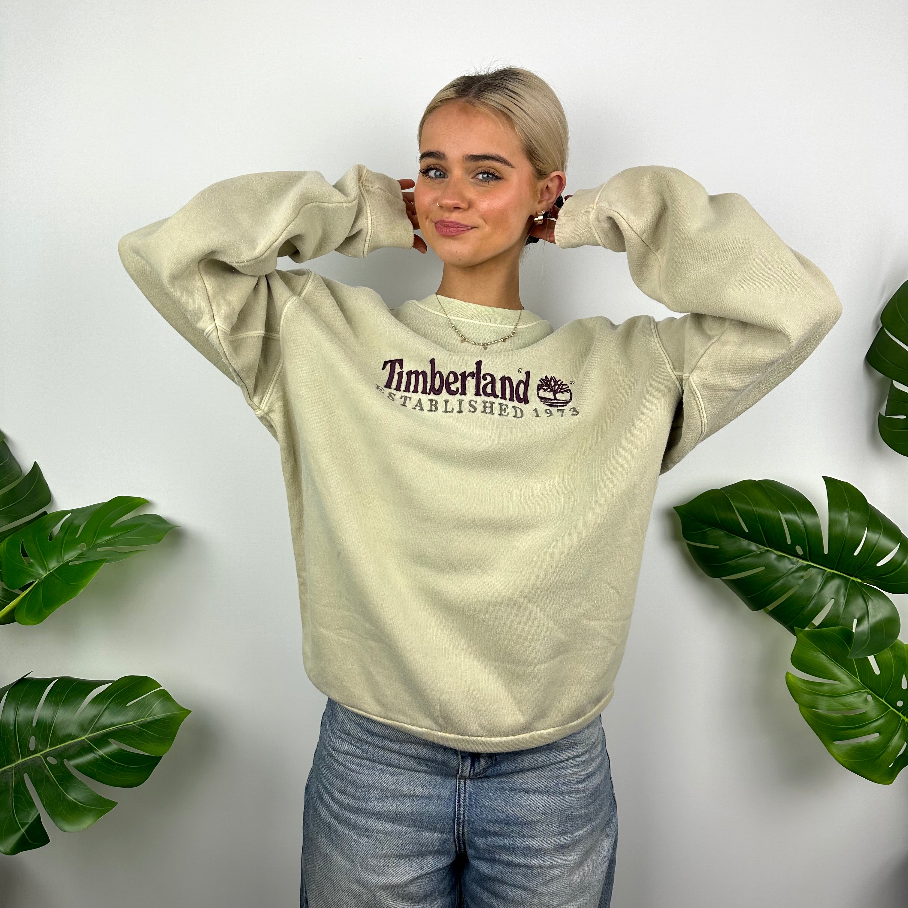 Timberland Beige Embroidered Spell Out Sweatshirt (M)