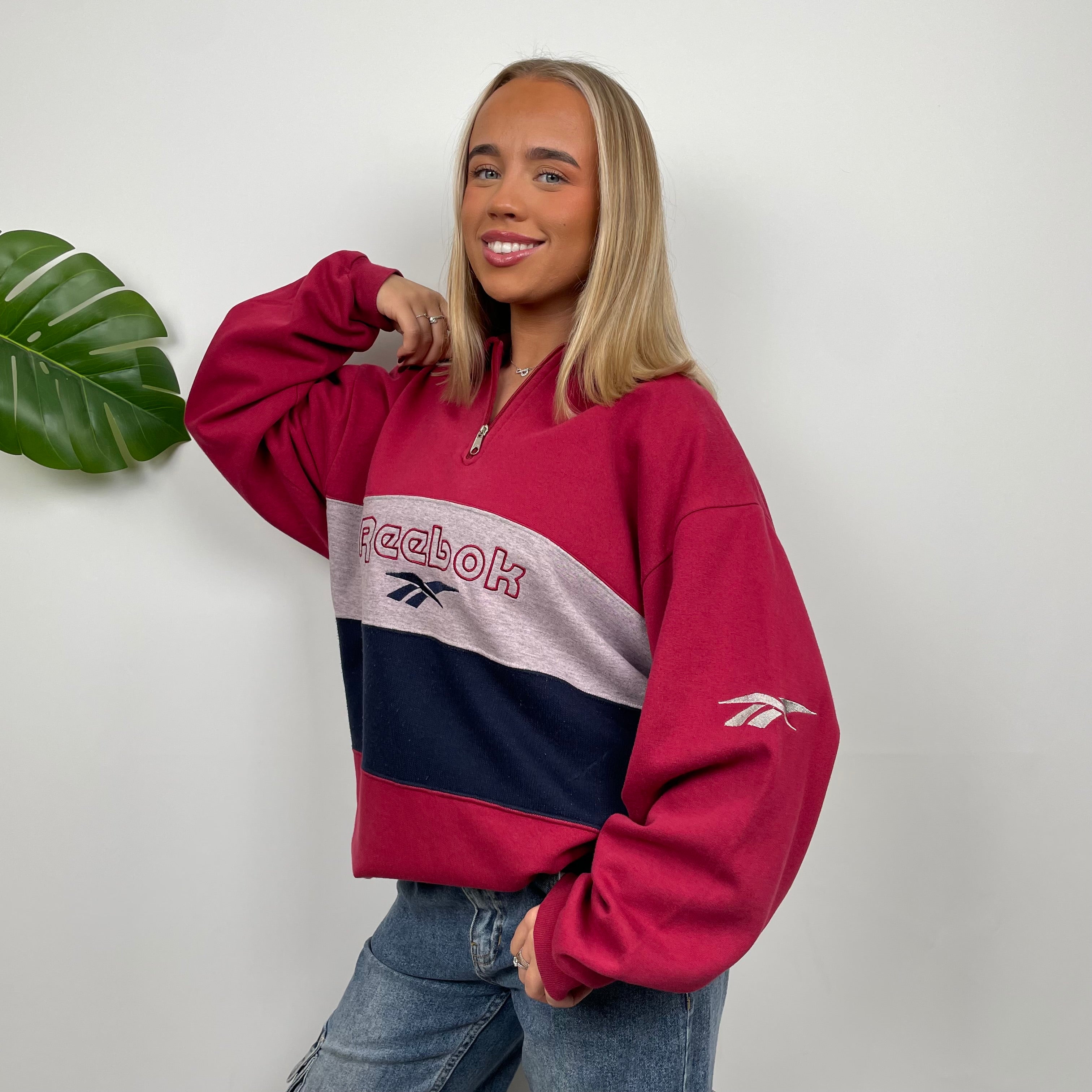 Reebok RARE Red Embroidered Spell Out Quarter Zip Sweatshirt (XXL)