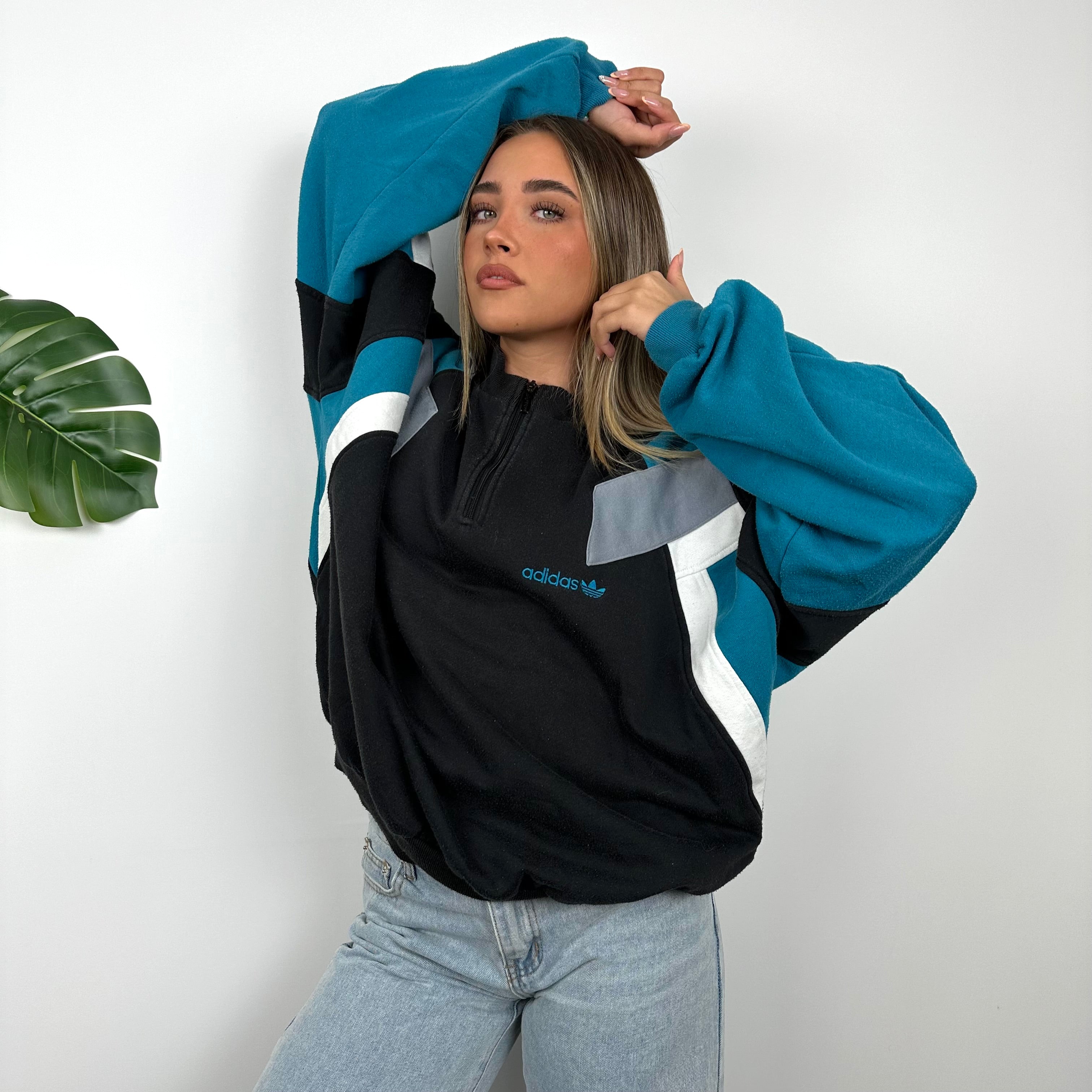 Adidas Colour Block Embroidered Spell Out Quarter Zip Sweatshirt (L)