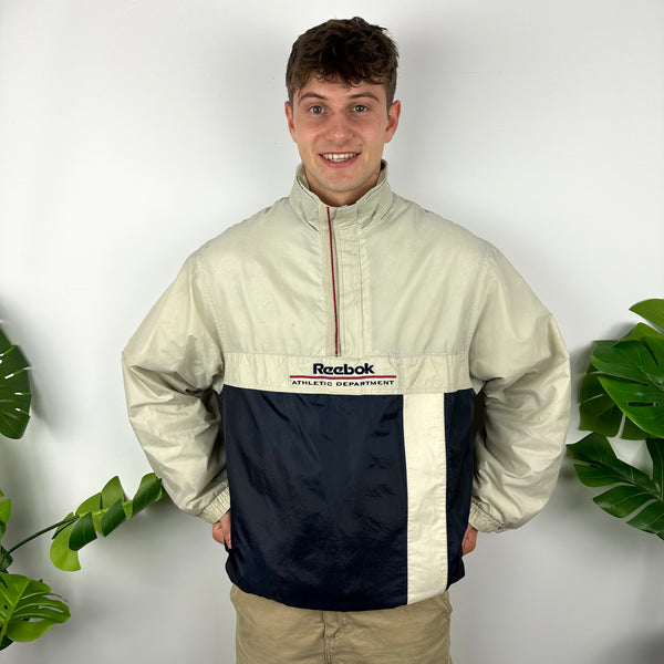 Reebok Cream and Navy Embroidered Spell Out Padded Jacket (L)