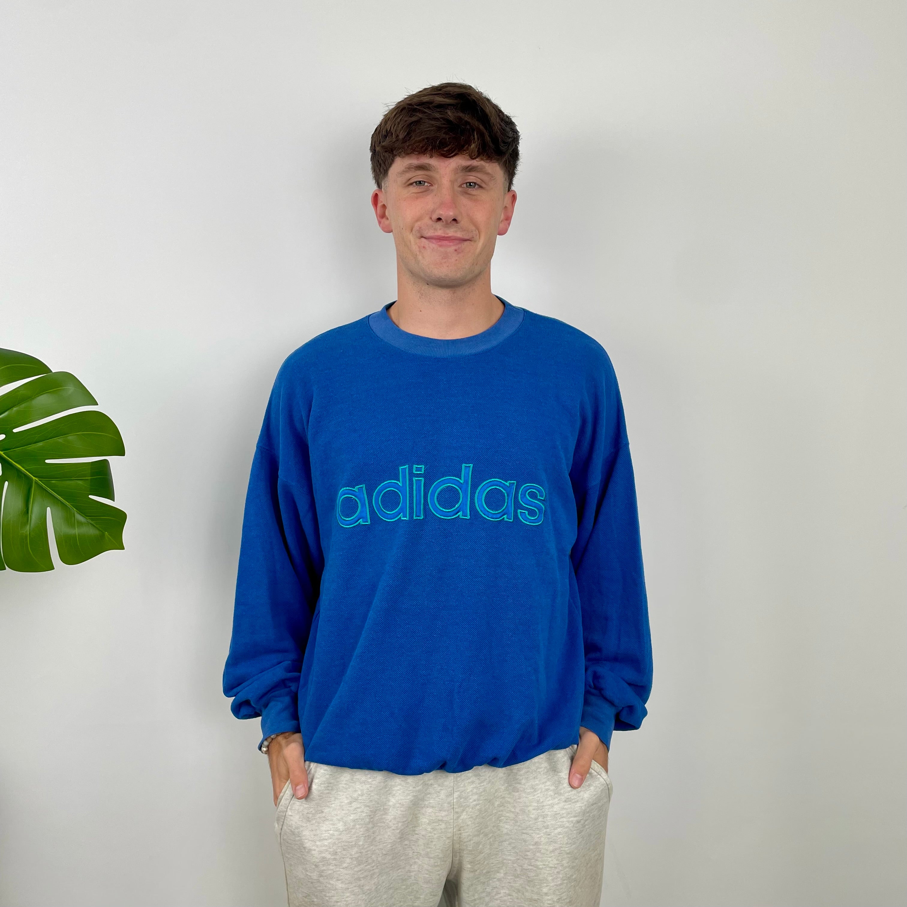 Adidas Blue Embroidered Spell Out Sweatshirt (M)