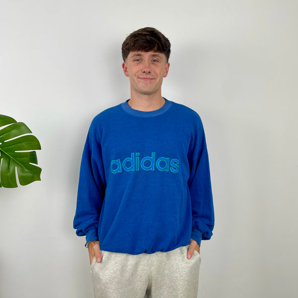 Adidas Blue Embroidered Spell Out Sweatshirt (M)