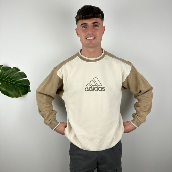 Adidas Cream and Tan Brown Embroidered Spell Out Sweatshirt (M)