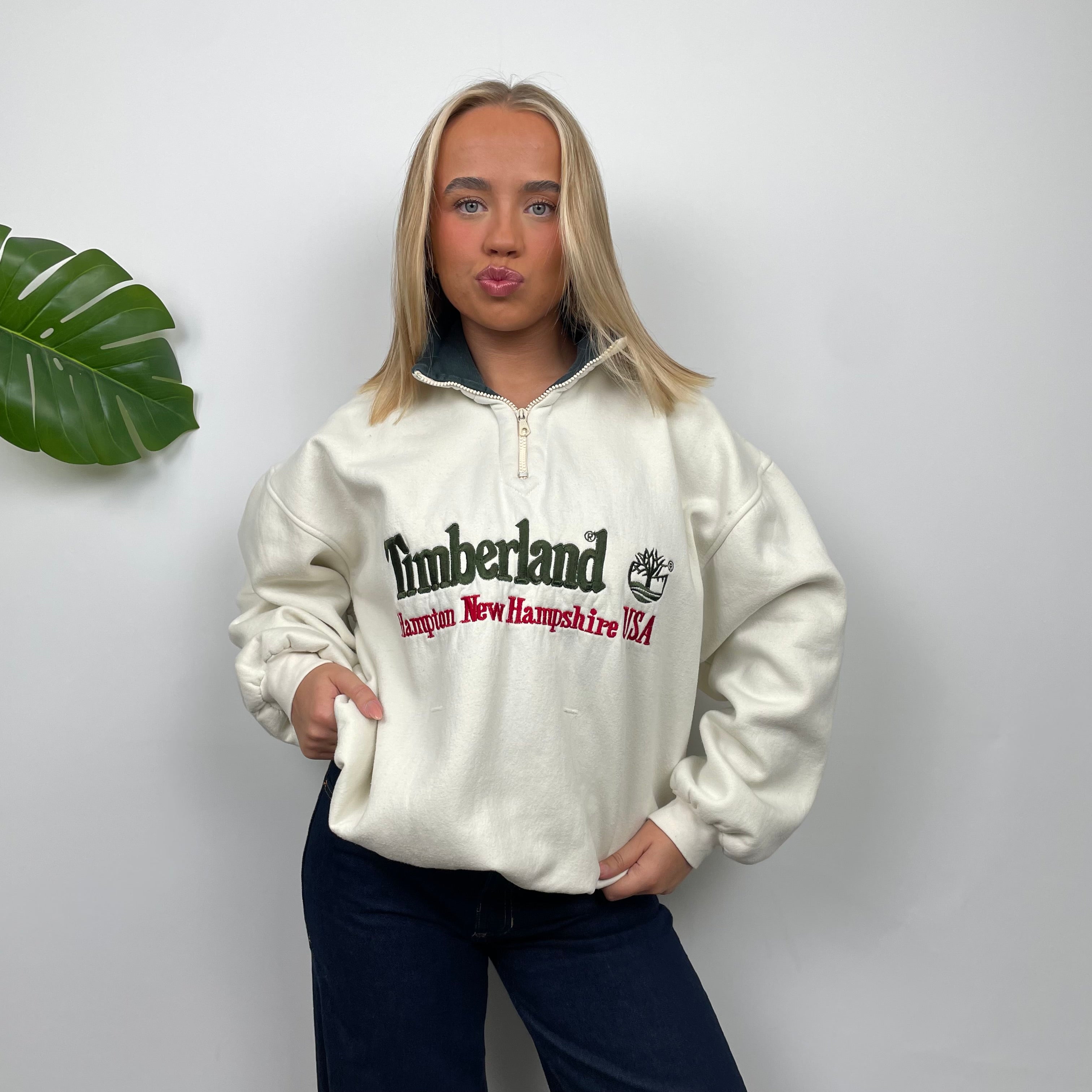 Timberland Cream Embroidered Spell Out Quarter Zip Sweatshirt (M)