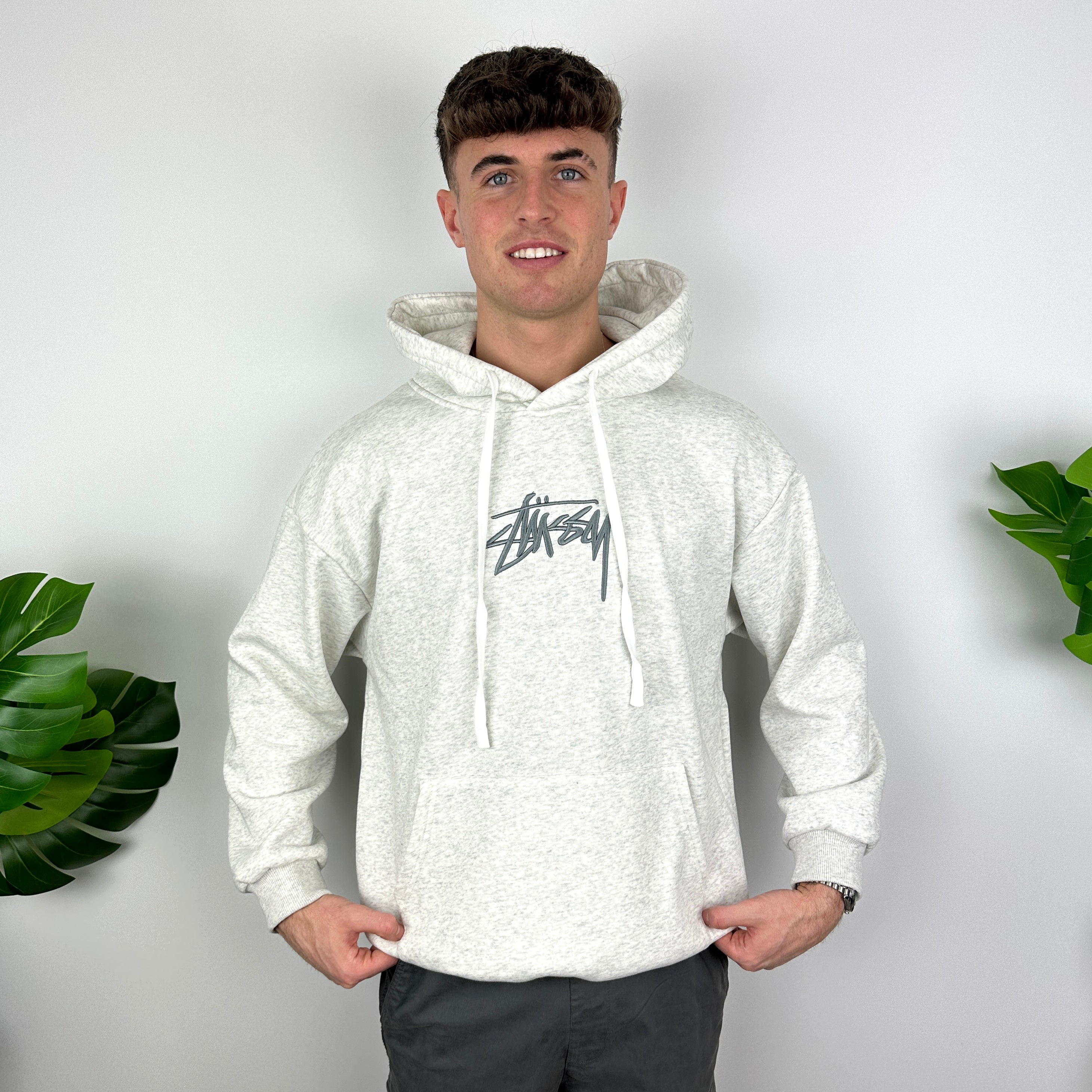 Stussy Grey Embroidered Spell Out Hoodie (L)