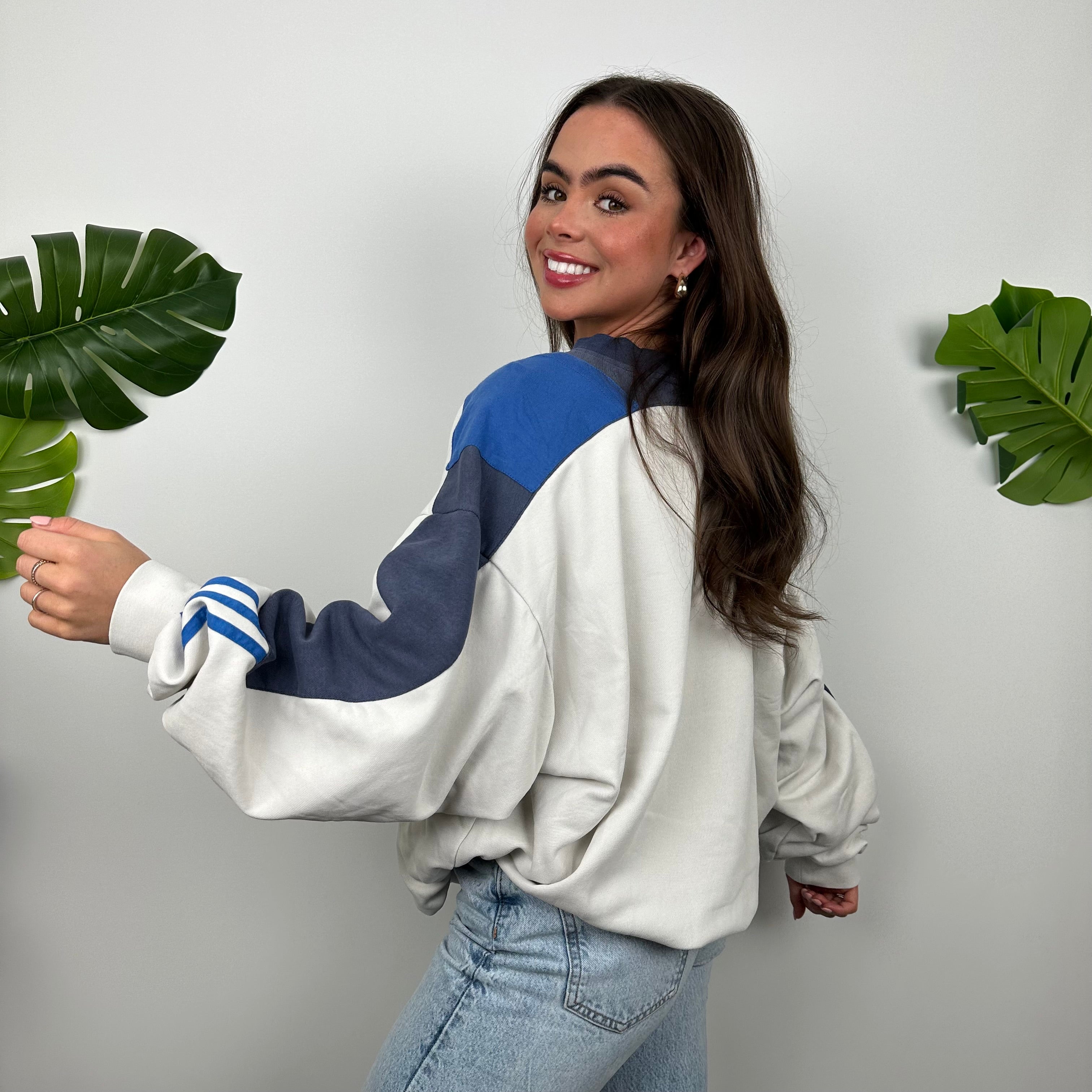 Adidas White and Navy Embroidered Spell Out Sweatshirt (L)