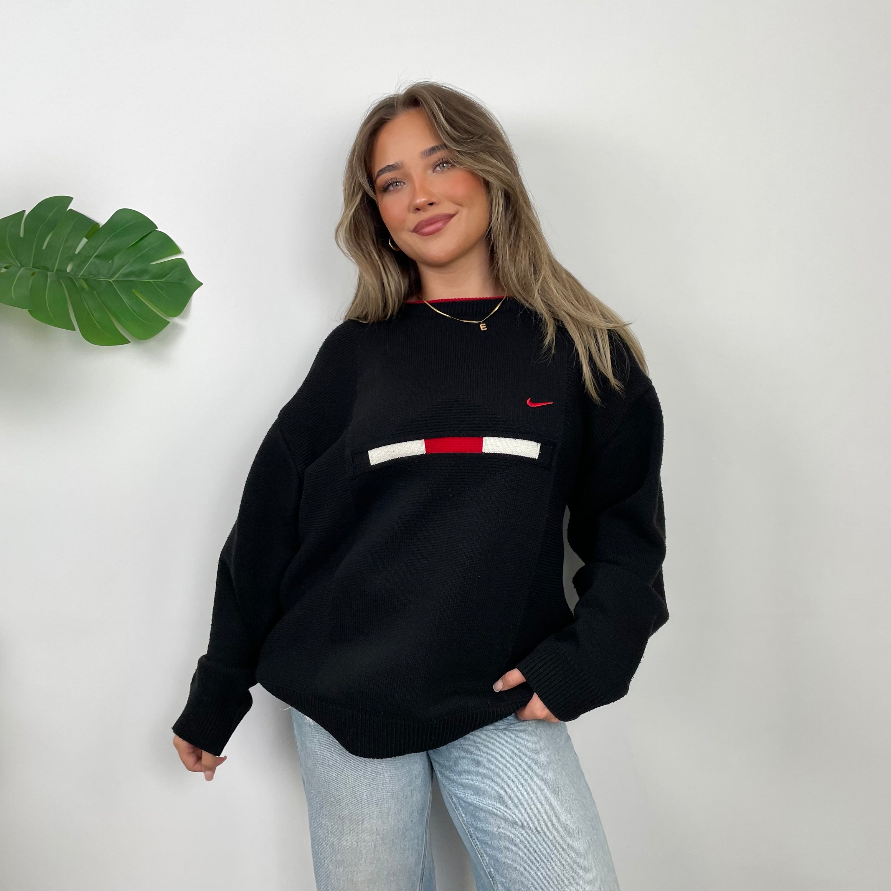 Nike RARE Black Embroidered Swoosh Knitted Sweater (L)