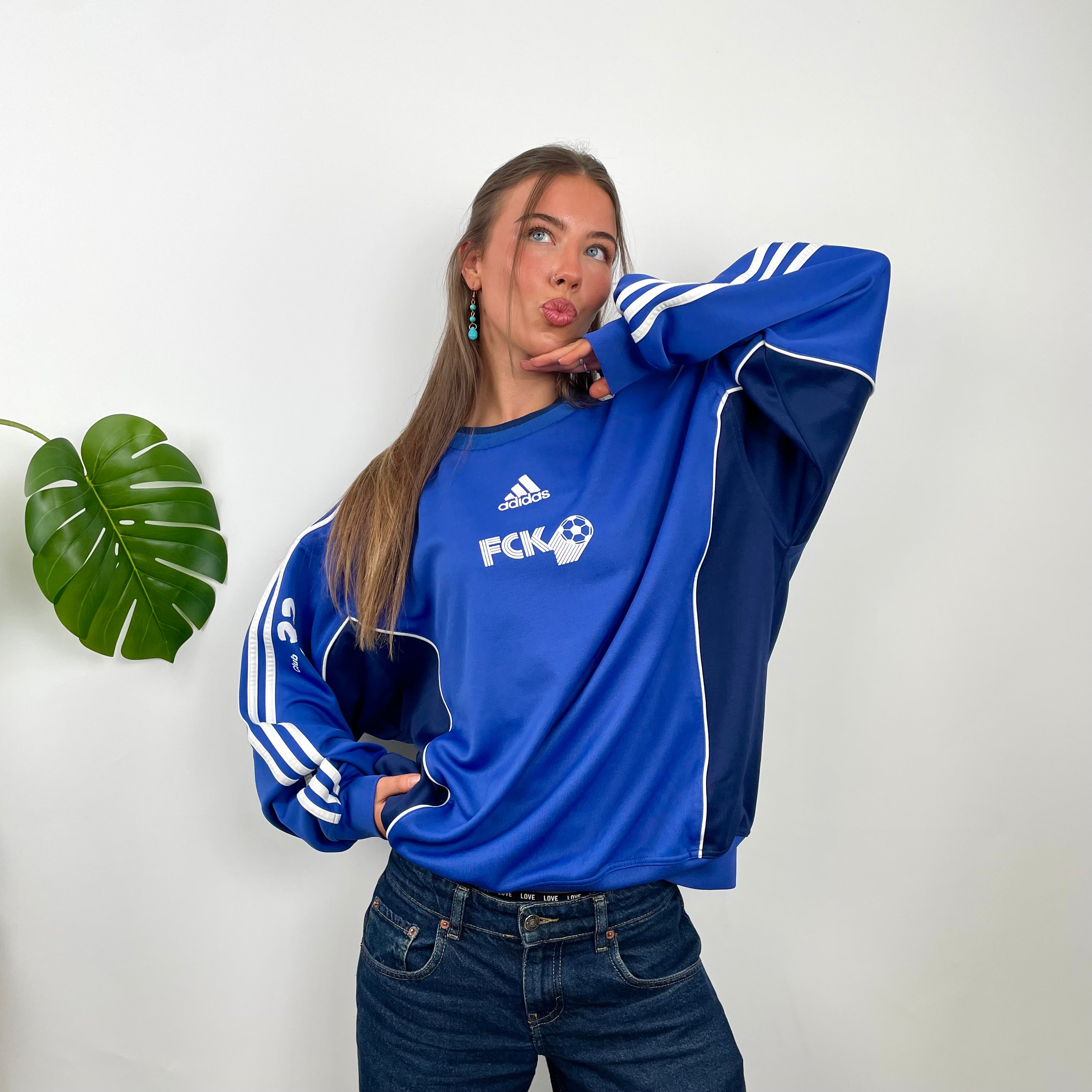 Adidas Blue Embroidered Spell Out Sweatshirt (L)