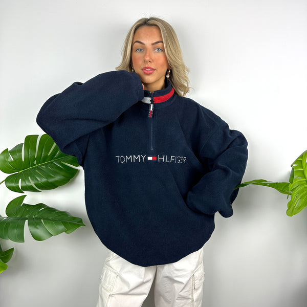 Tommy Hilfiger Navy Embroidered Spell Out Teddy Bear Fleece Quarter Zip Sweatshirt (XL)